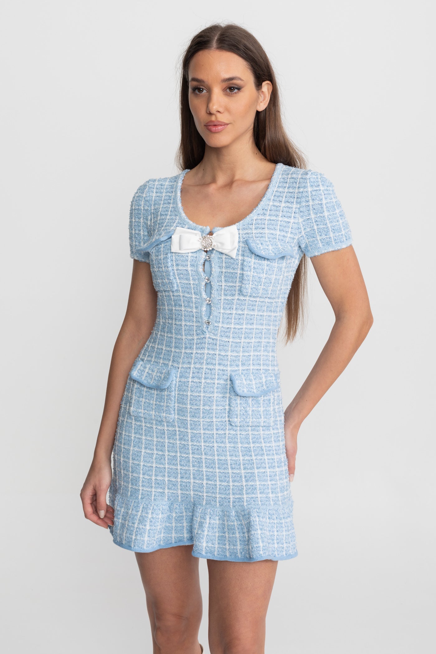 Abito Mini in Tweed Testurizzato con Dettaglio a Fiocco – Baby Blue