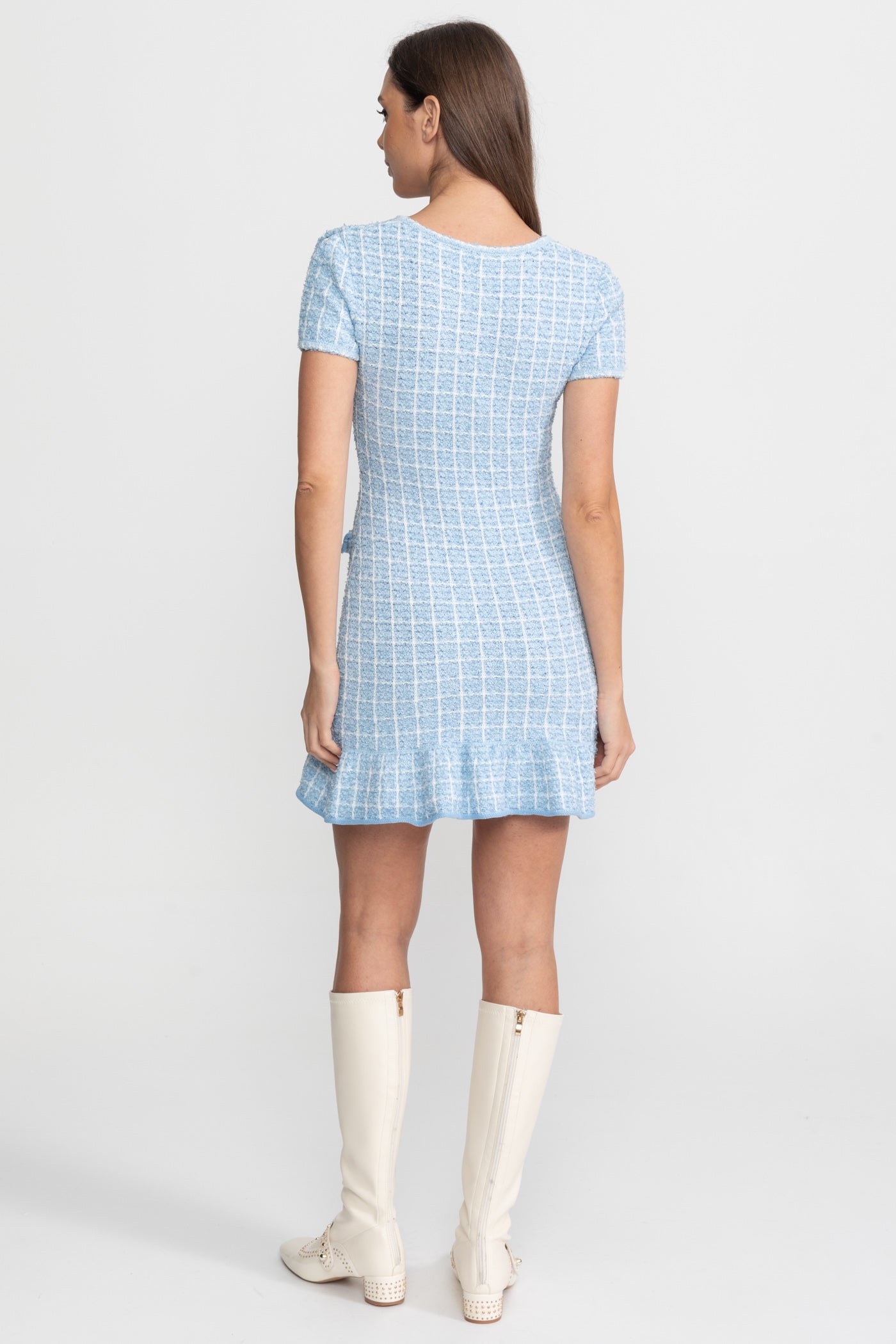 Abito Mini in Tweed Testurizzato con Dettaglio a Fiocco – Baby Blue