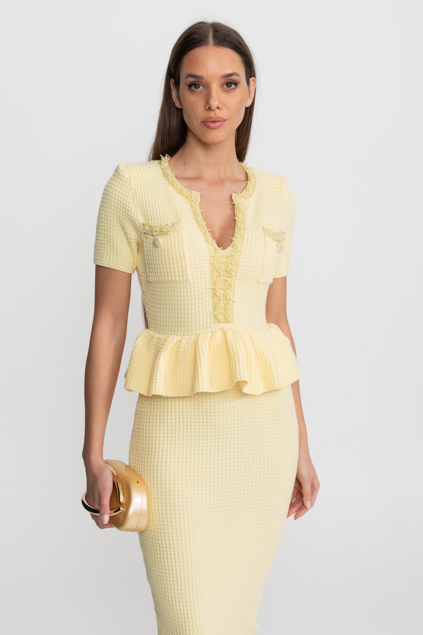 Abito Midi in Maglia Testurizzata con Dettaglio Peplo in Vita – Giallo