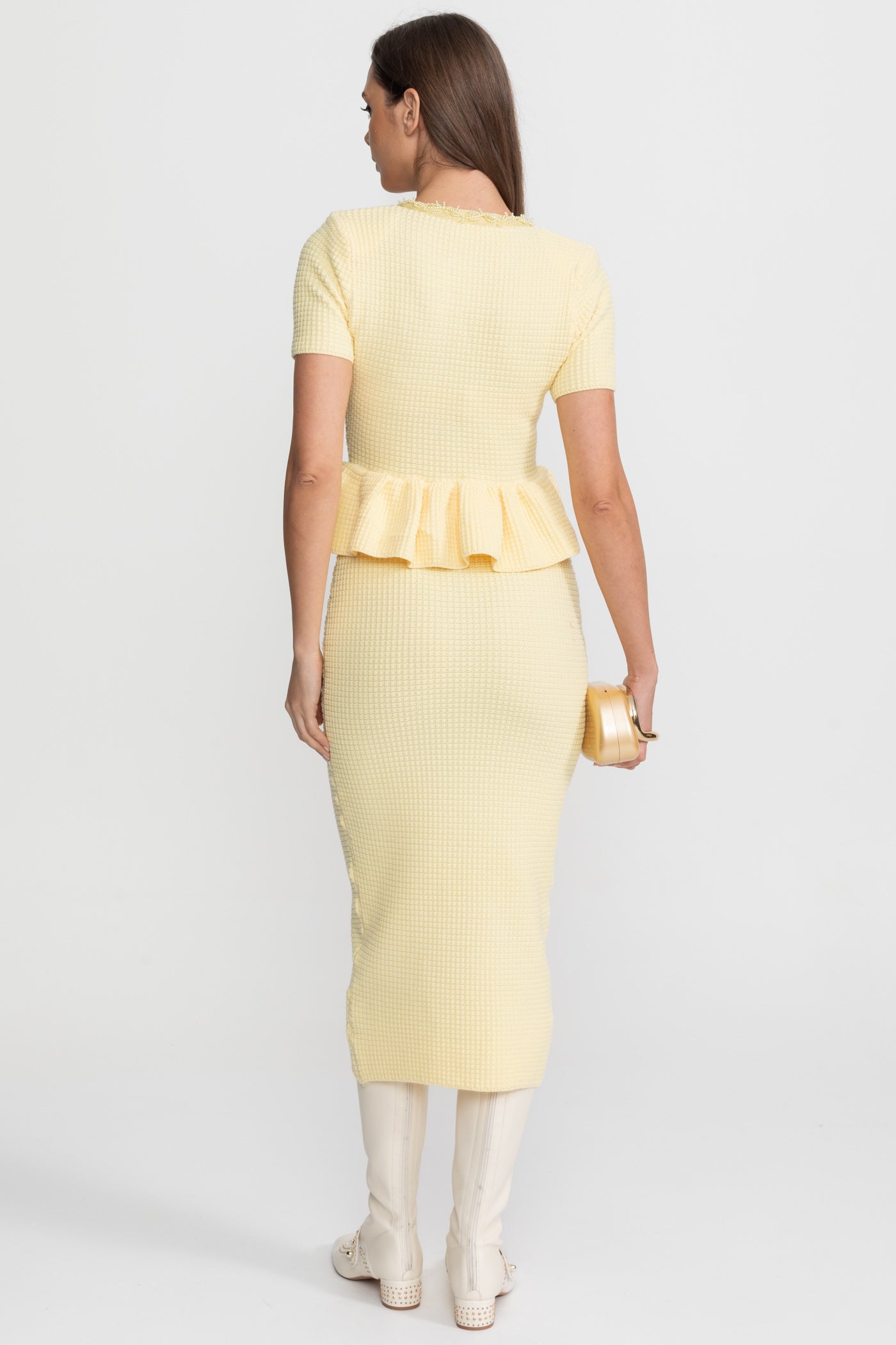 Abito Midi in Maglia Testurizzata con Dettaglio Peplo in Vita – Giallo
