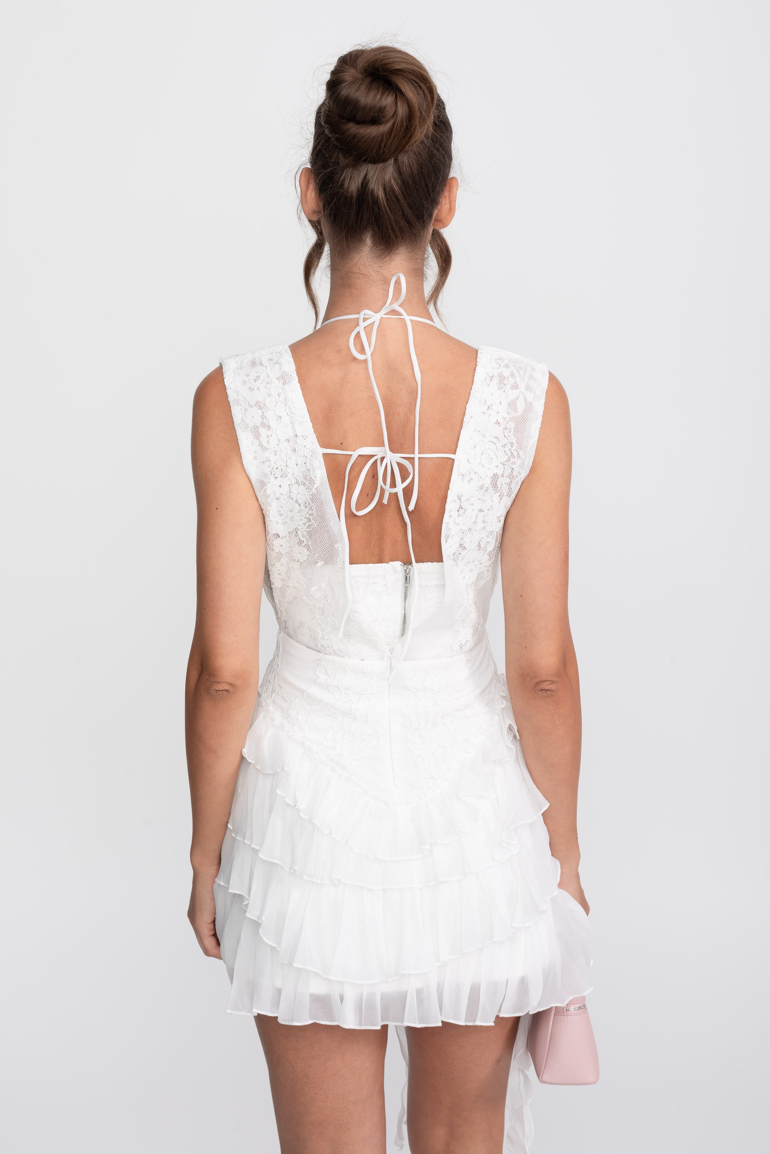 Lace Halter Rosette Mini Dress With Ruffle Skirt - White