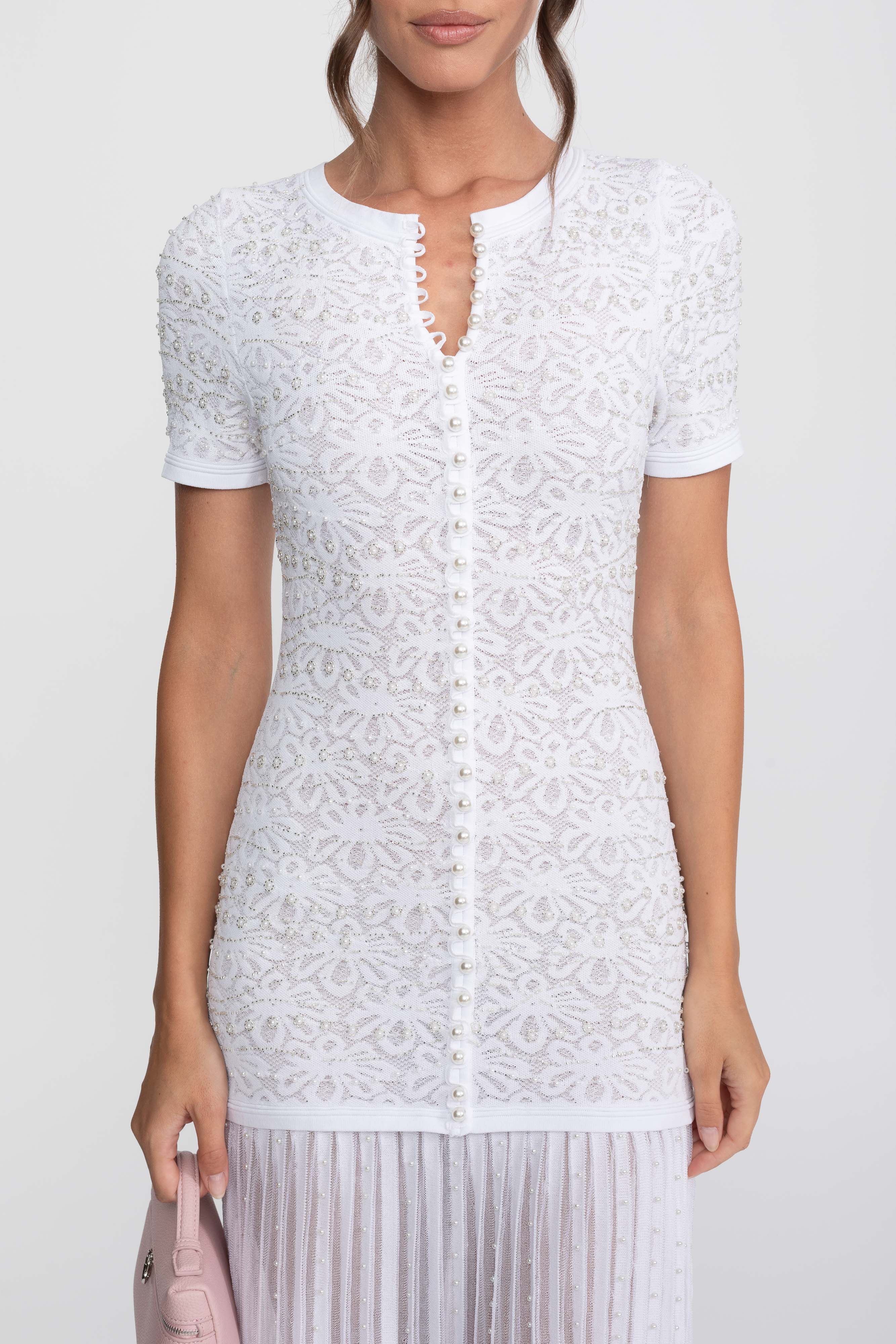 Abito Midi a Maniche Corte con Decorazioni di Perle - Bianco