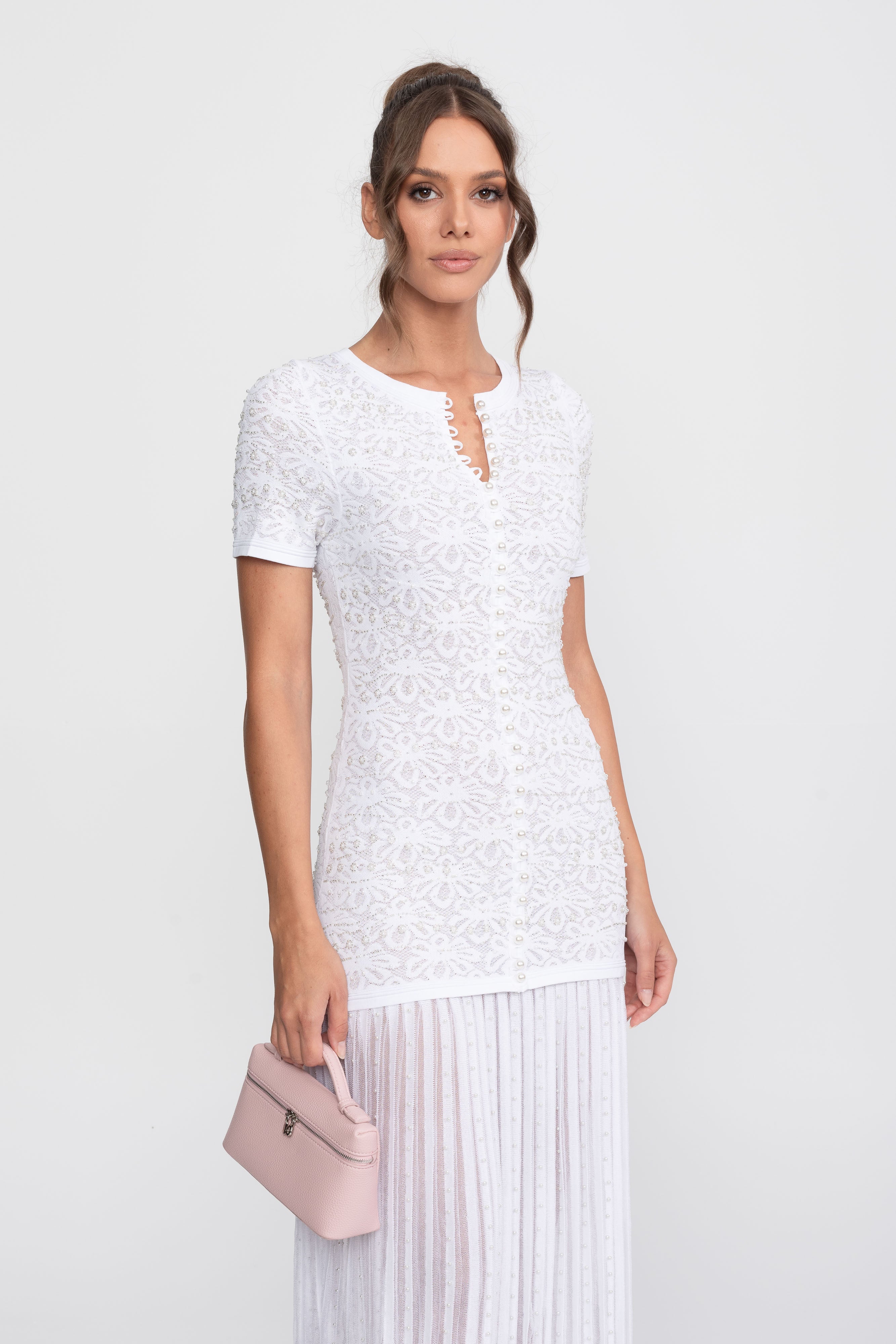 Abito Midi a Maniche Corte con Decorazioni di Perle - Bianco