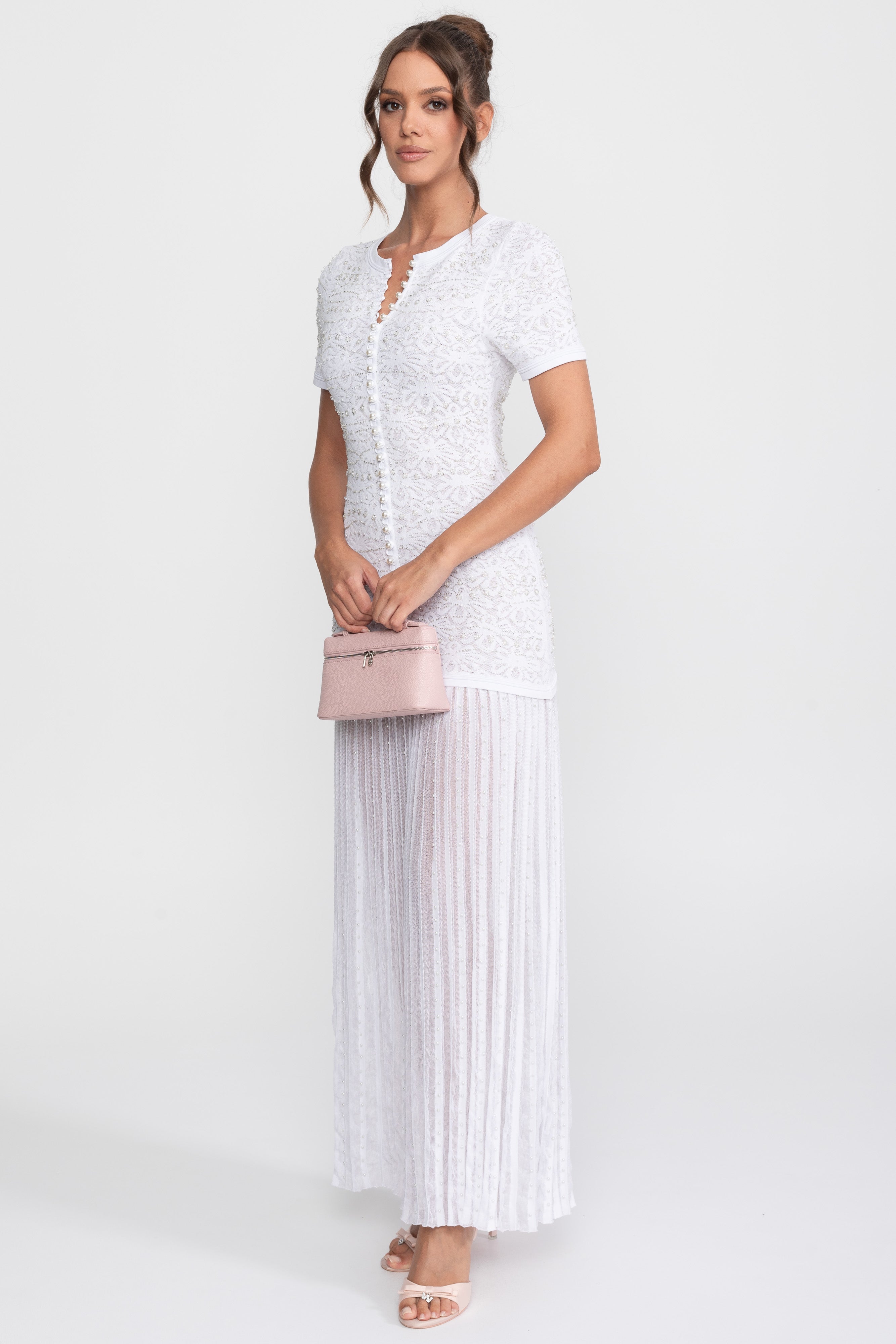 Abito Midi a Maniche Corte con Decorazioni di Perle - Bianco
