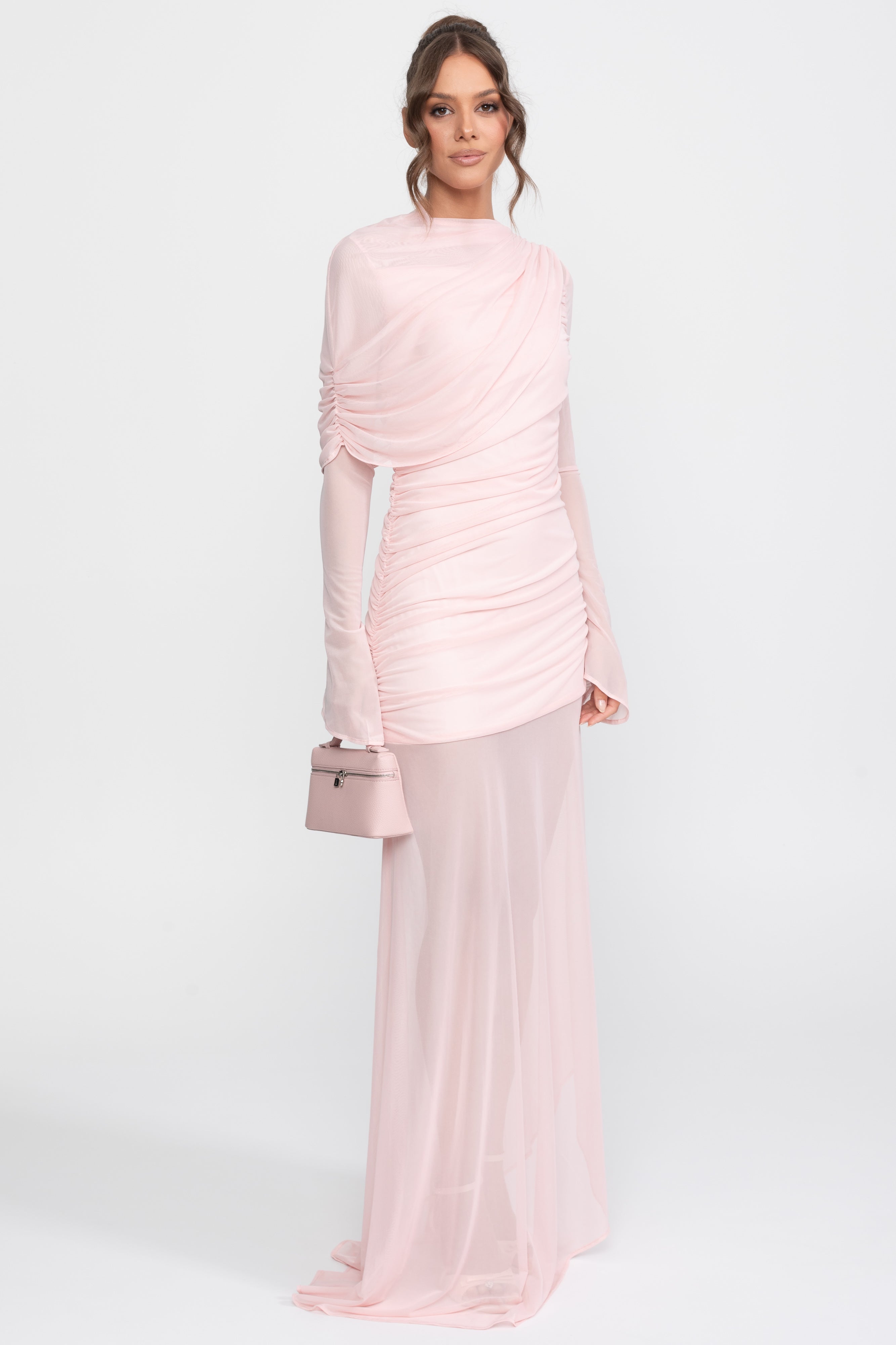 Draped Shoulder Maxi Dress With Sheer Skirt - Pink