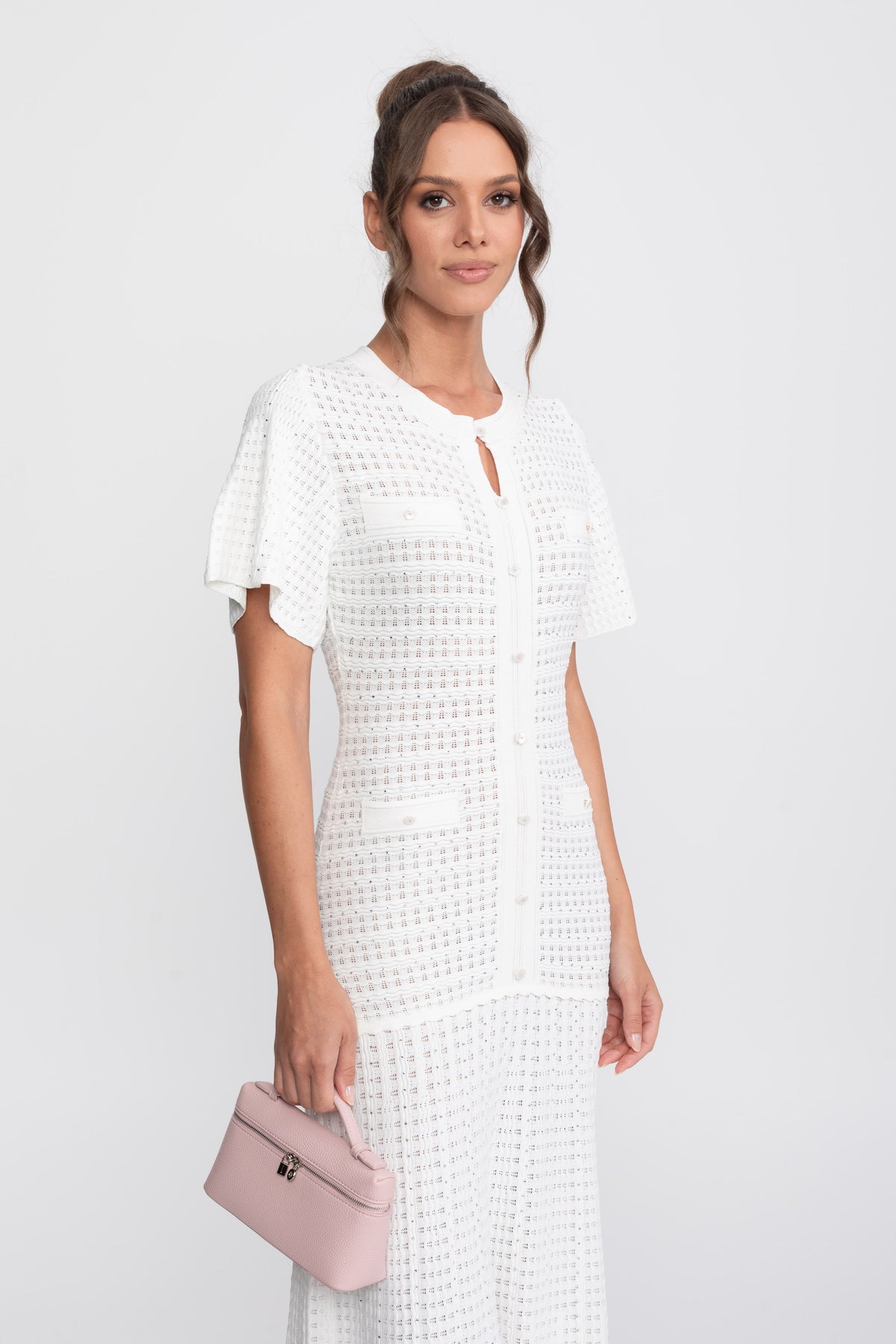 Abito midi a maniche corte con texture in maglia shimmer - bianco