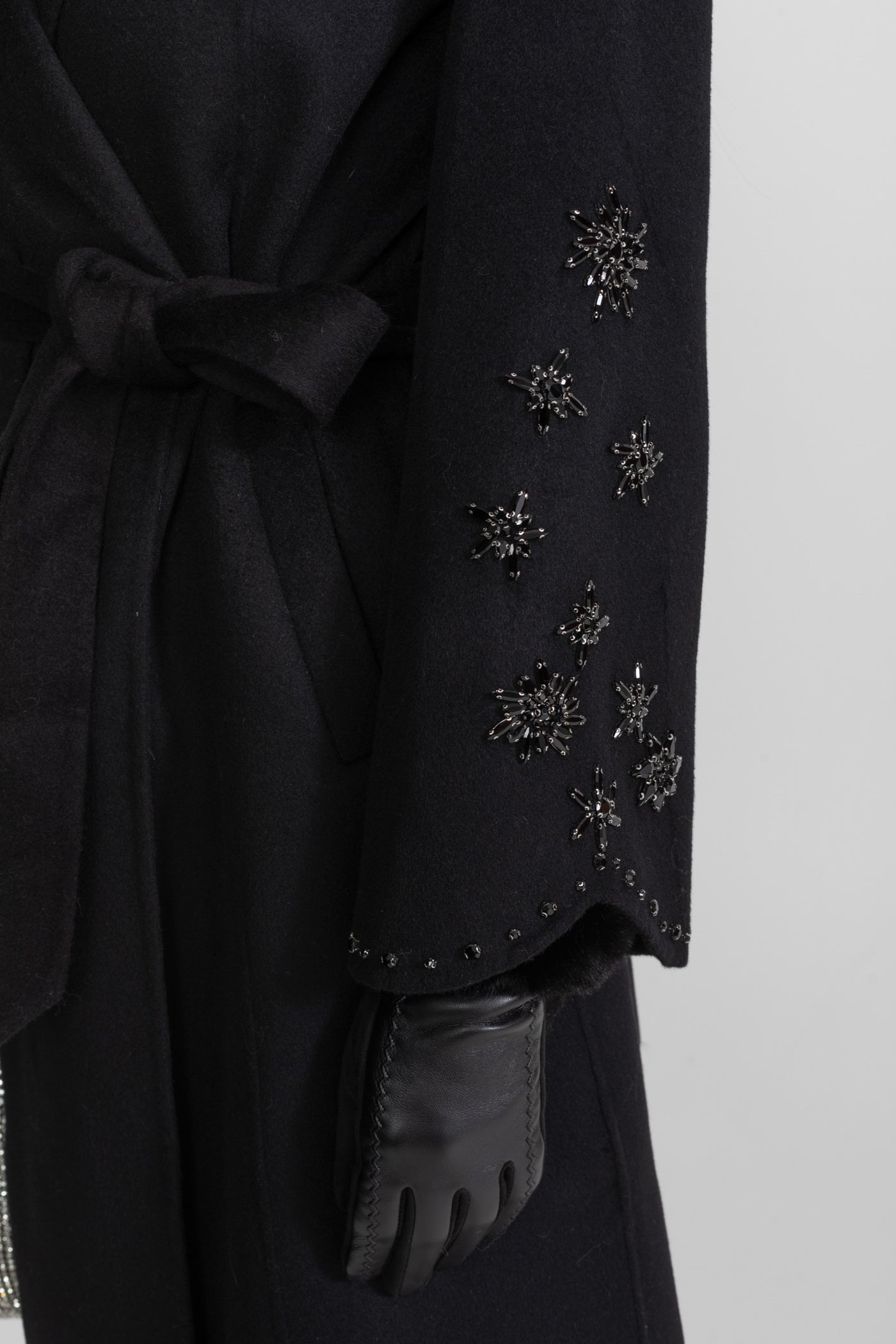 Embellished Wool Overcoat With Fox Fur Collar – Black