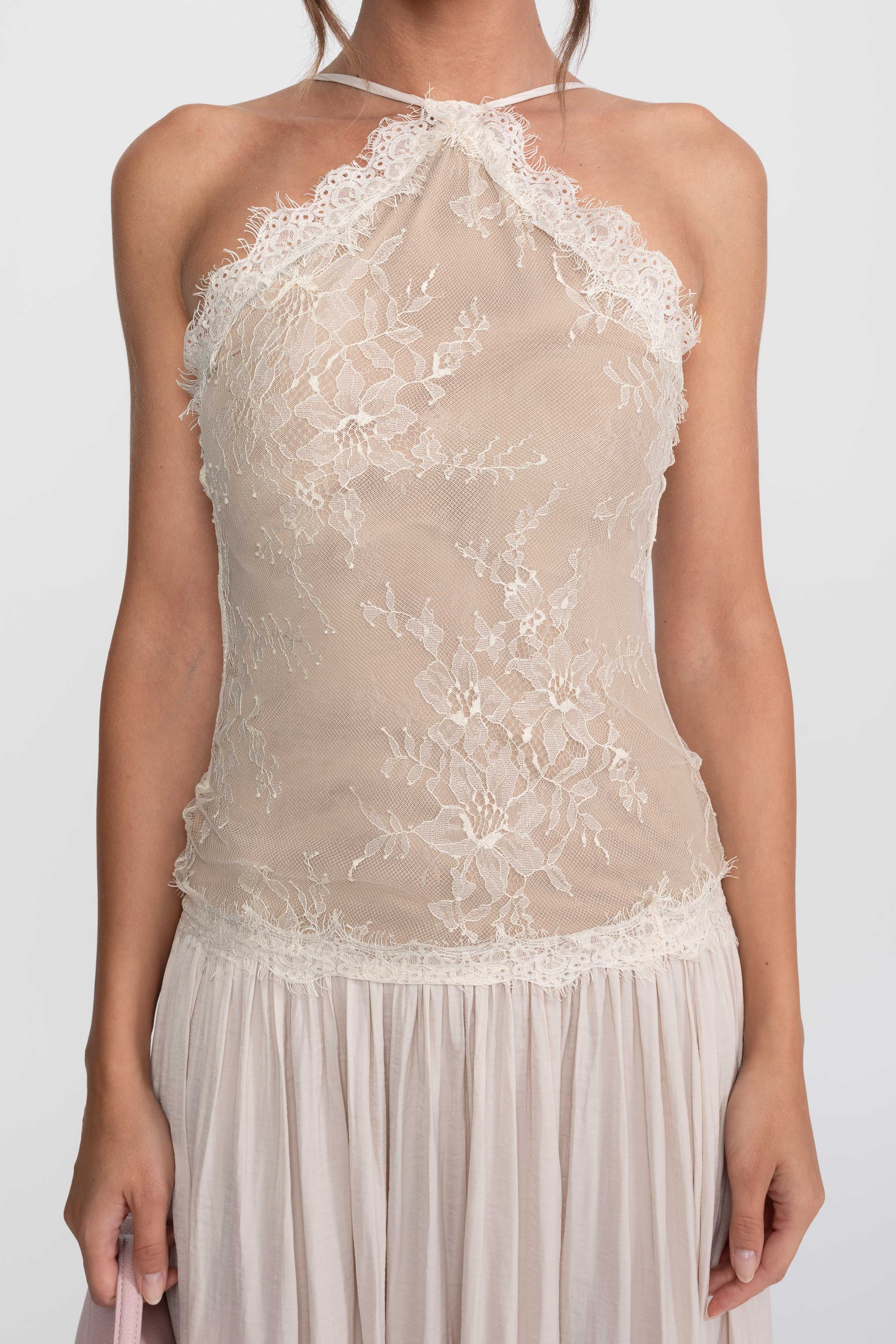 Abito maxi senza maniche con scollo halter in pizzo e gonna plissettata - Cream