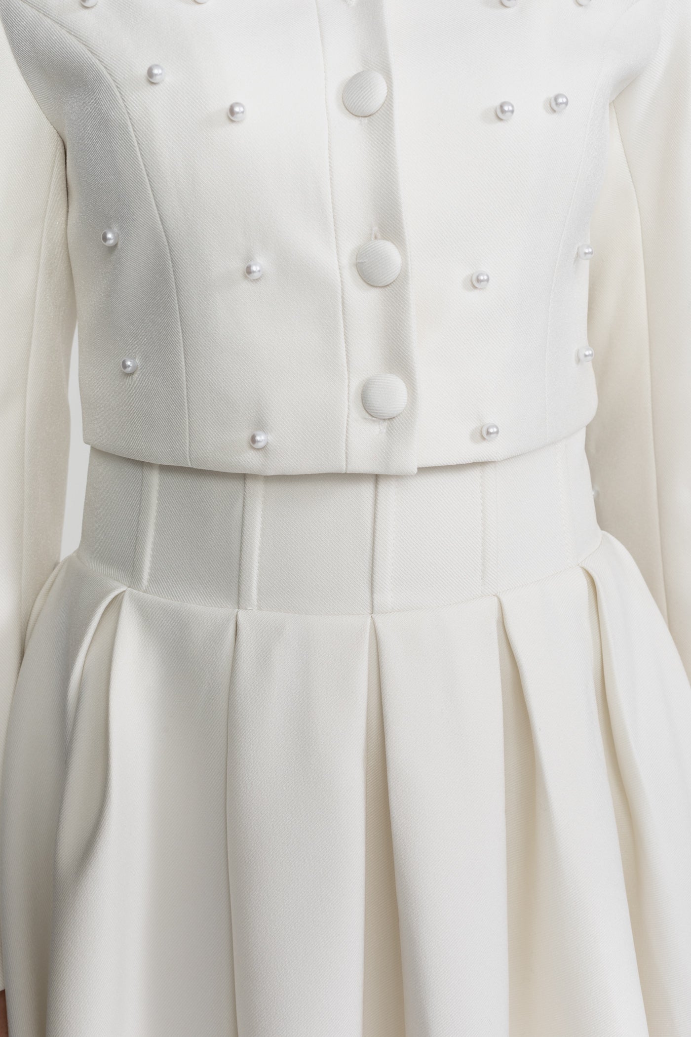 Pearl-Embellished Co-Ord Set with Cropped Jacket and Full Skirt – White