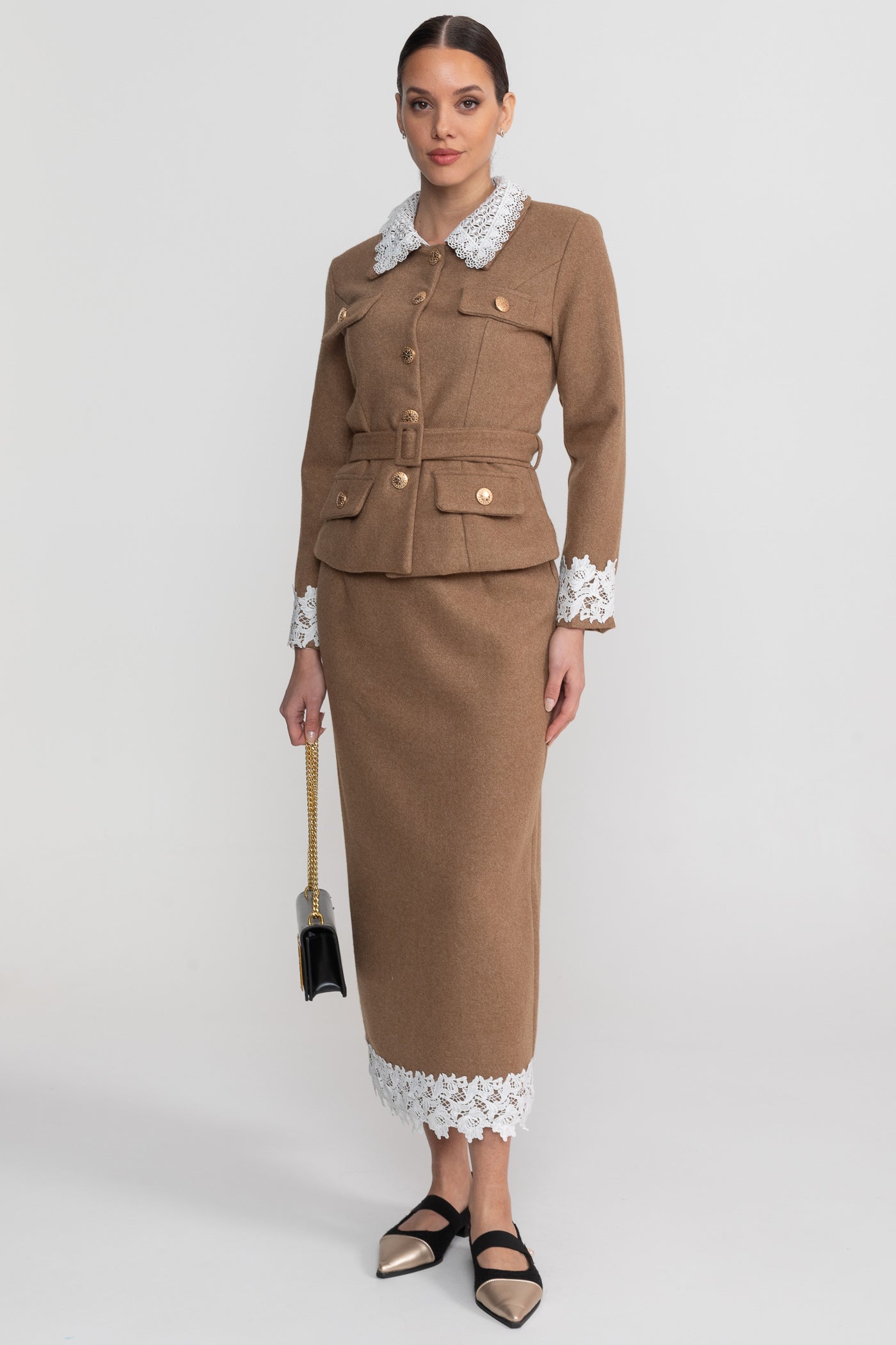 Tailored Co-Ord Set With Lace Trim Detailing - Camel