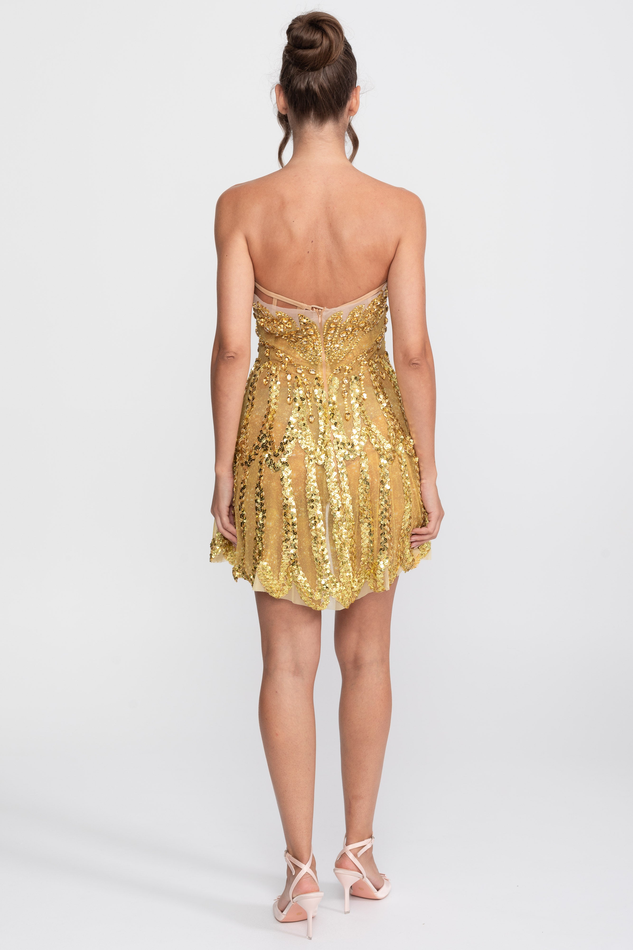 Jeweled Fit-and-Flare Mini Dress With Sweetheart Neckline - Gold