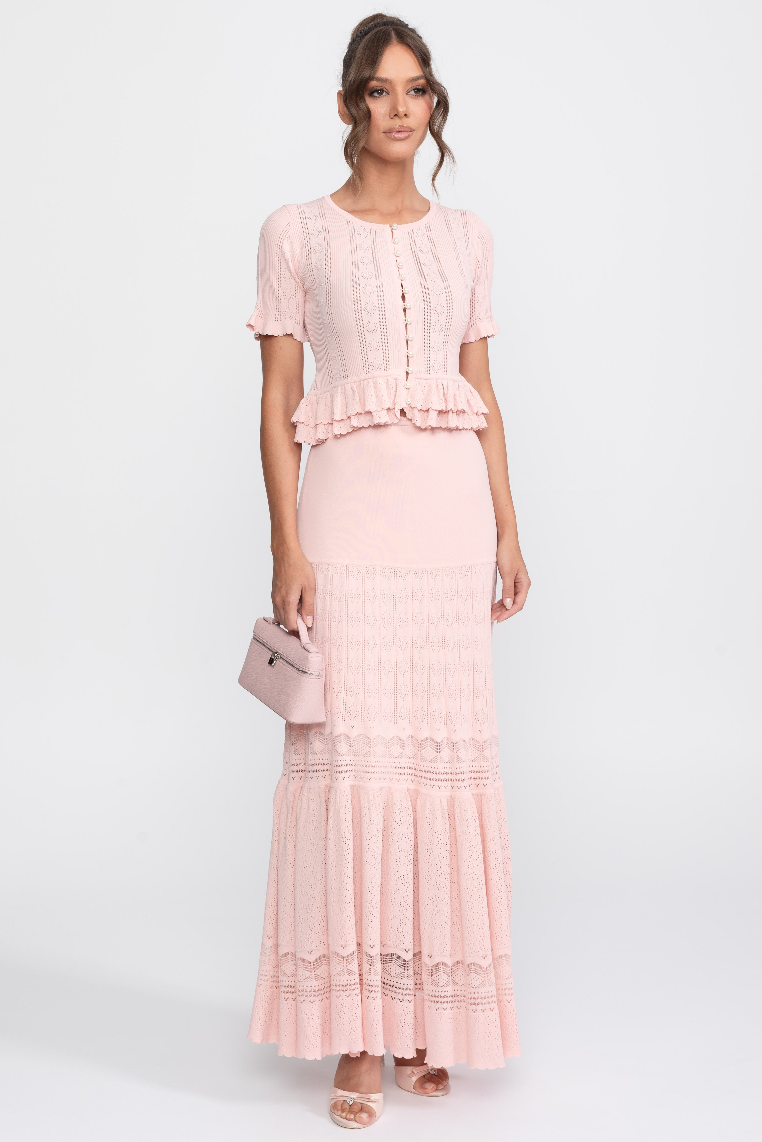Two-Piece Knit Co-Ord Set With Ruffled Waist - Pink