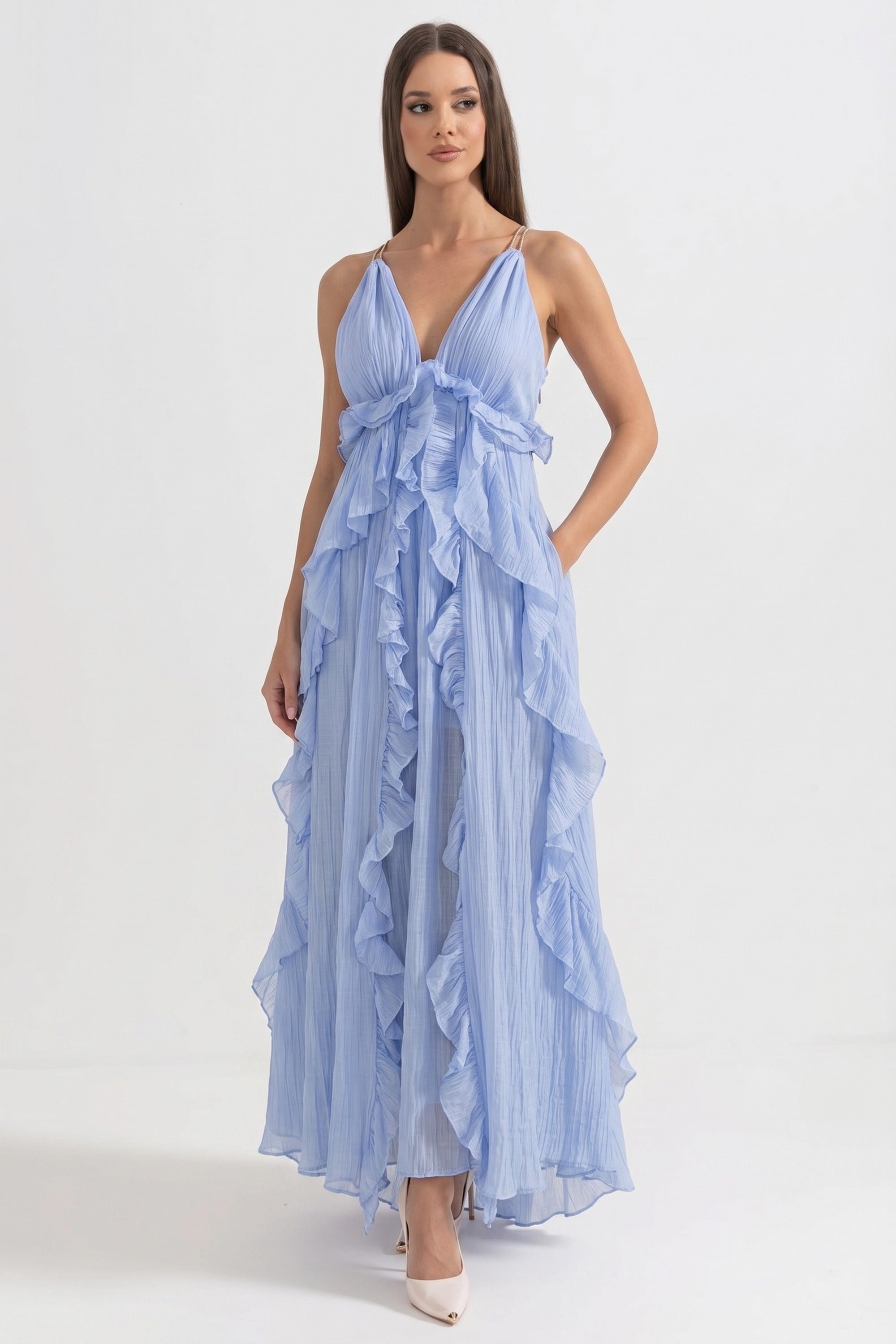 Abito Maxi con Scollo a V Profondo e Volant con Balze Asimmetriche Cascanti - Blu