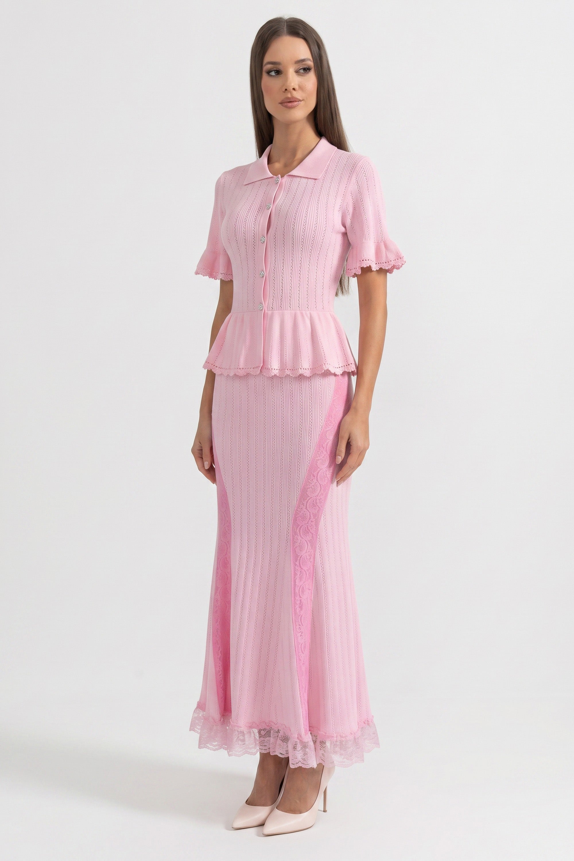 Abito Maxi Knit Peplum con Collo Peter Pan e Orlo in Pizzo - Rosa