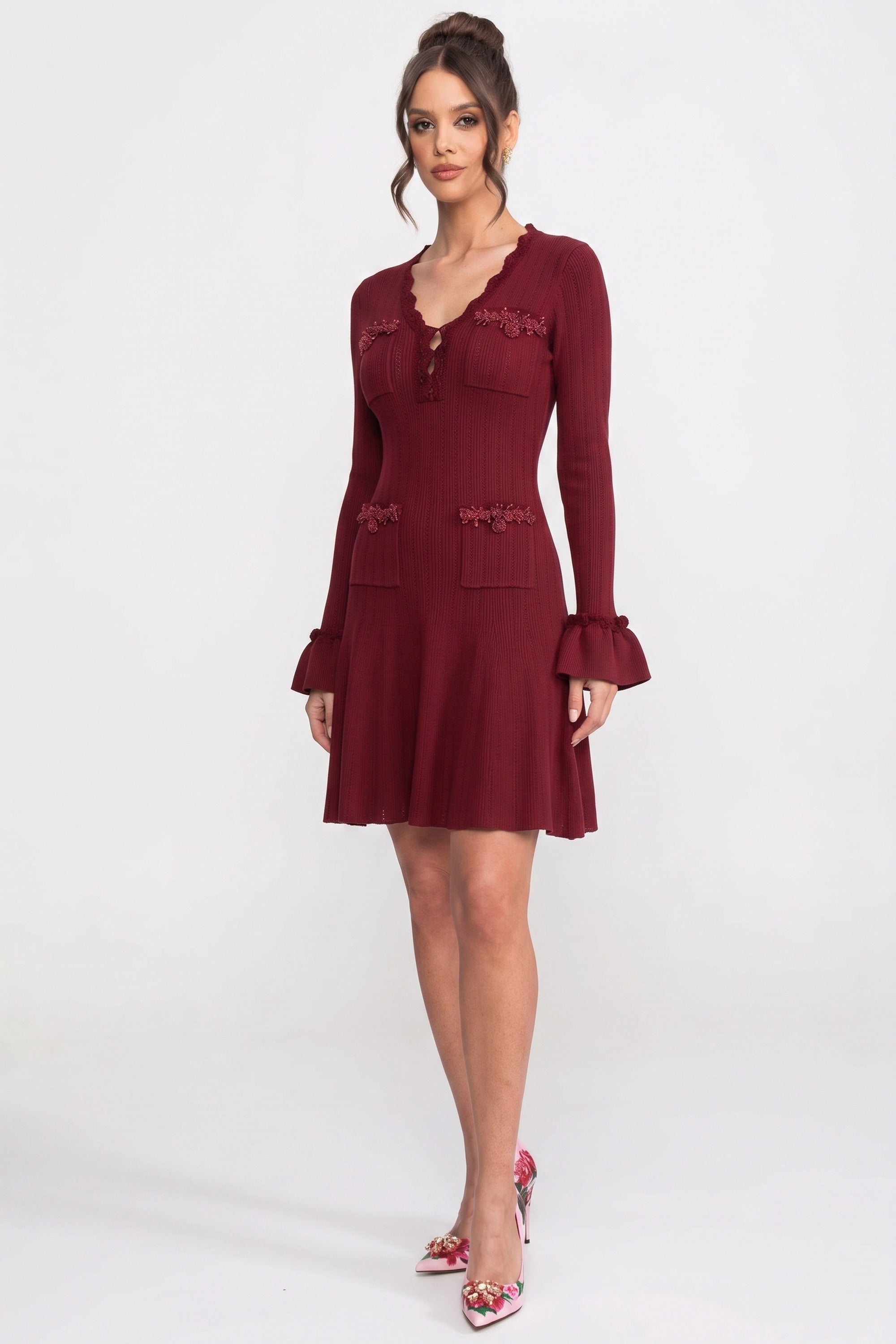 Long-Sleeve V-Neck Knit Mini Dress With Ruffle Hem And Bow Cuffs - Burgundy