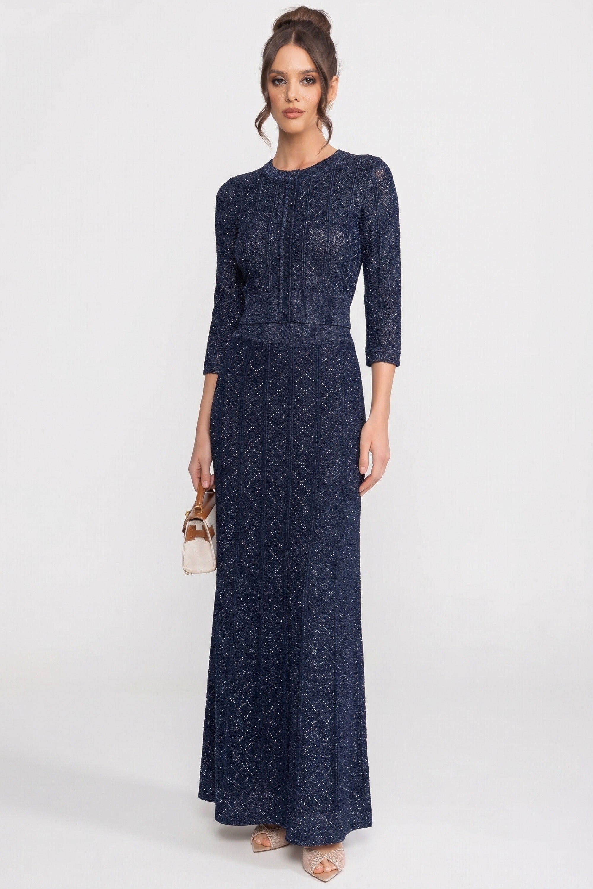 Coordinato in pizzo con motivo a ромbi, maniche lunghe e gonna maxi - Navy