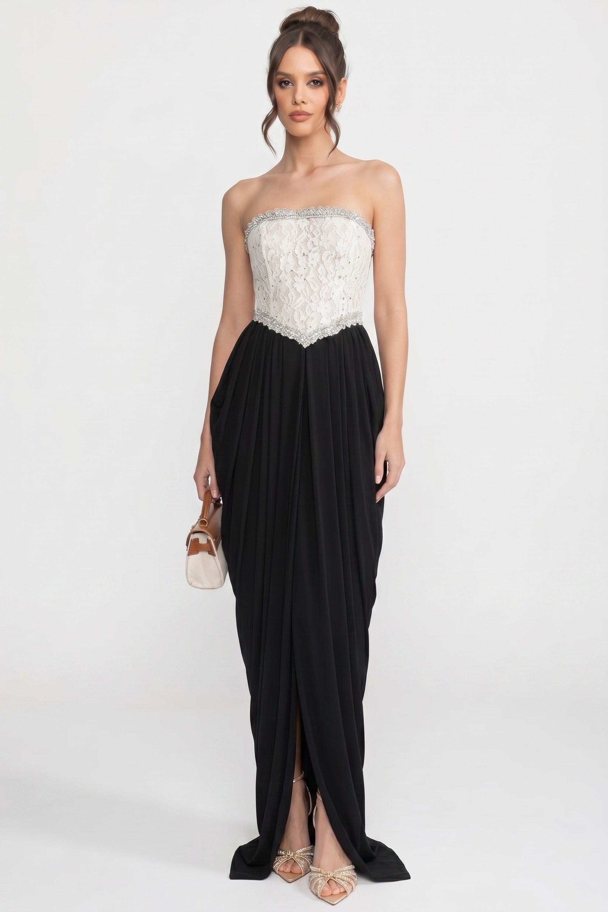 Abito senza spalline con corpino corsetto floreale 3D e gonna drappeggiata nera - White+Black