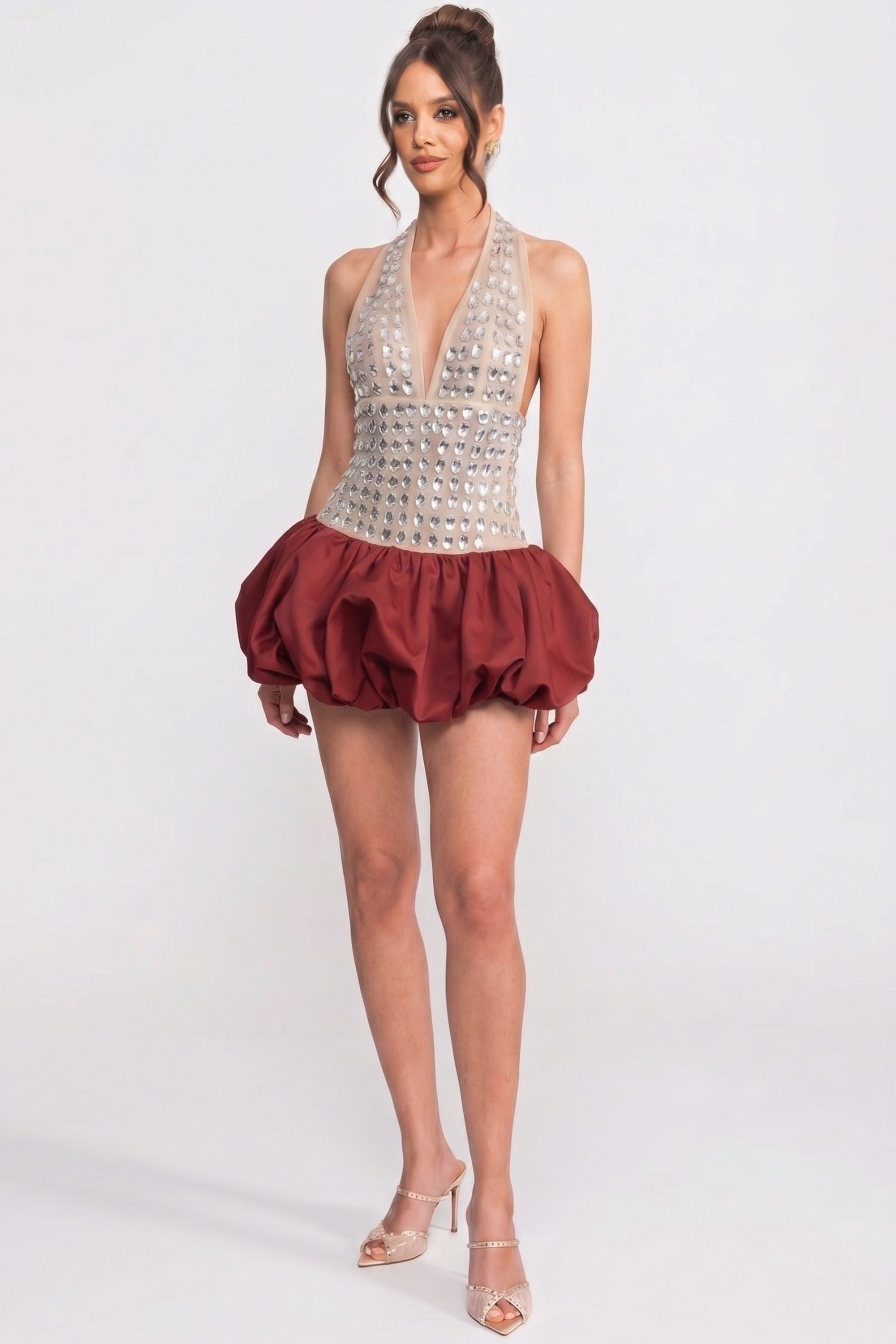Abito Mini Halter con Gonna a Palloncino e Decorazioni in Cristalli - Rosso