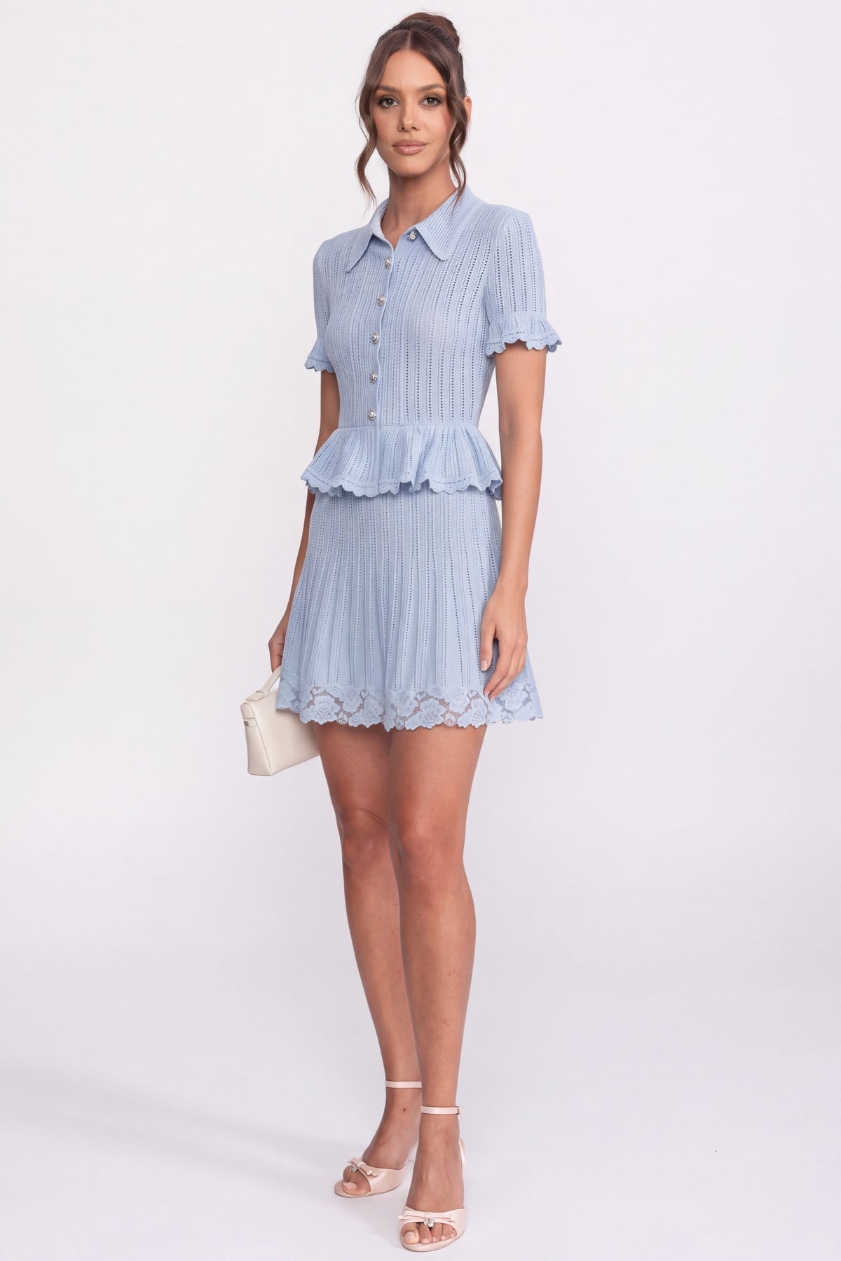 Set con top a polo con bottoni e minigonna - Blu