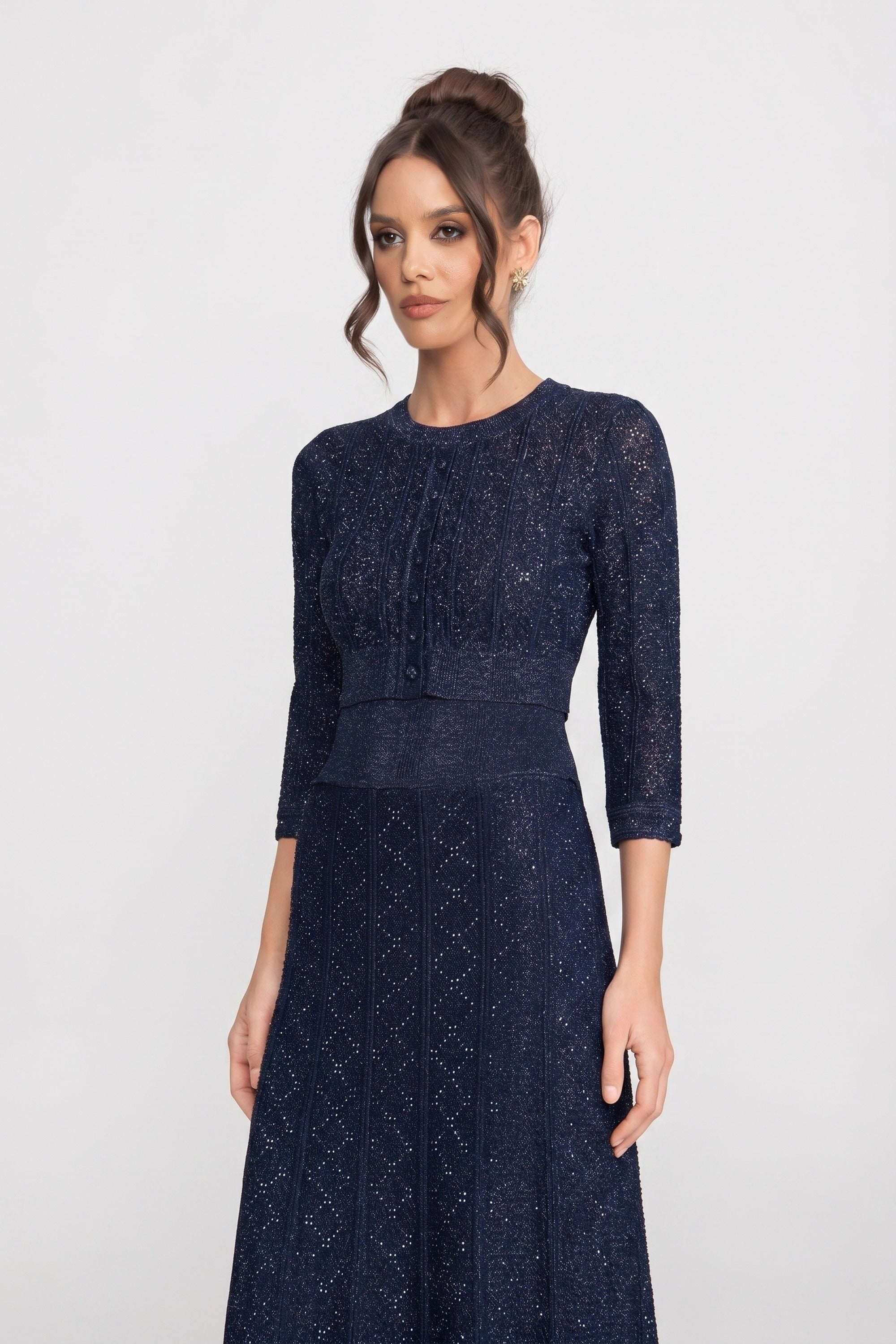 Coordinato in pizzo con motivo a ромbi, maniche lunghe e gonna maxi - Navy