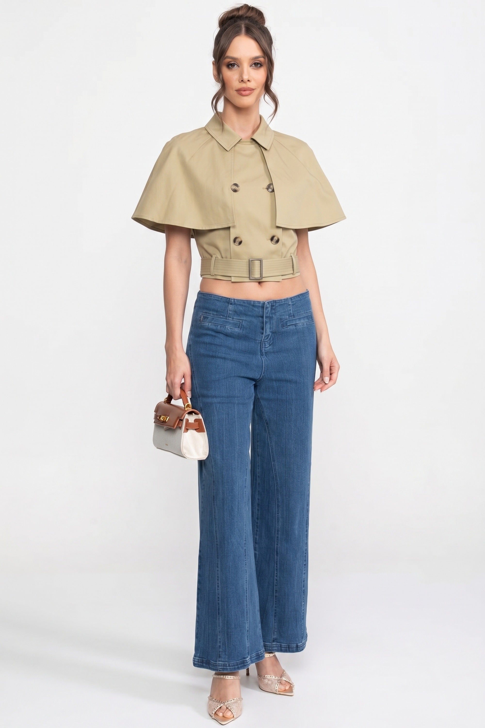 Double-Breasted Top With Spread Collar And Detachable Cape - Khaki