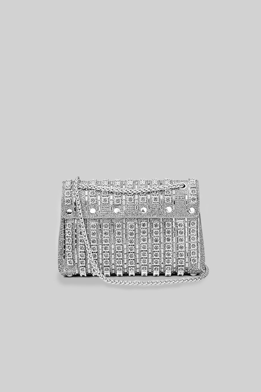 Borsa Intrecciata Scintillante con Raffinate Decorazioni in Strass - Argento