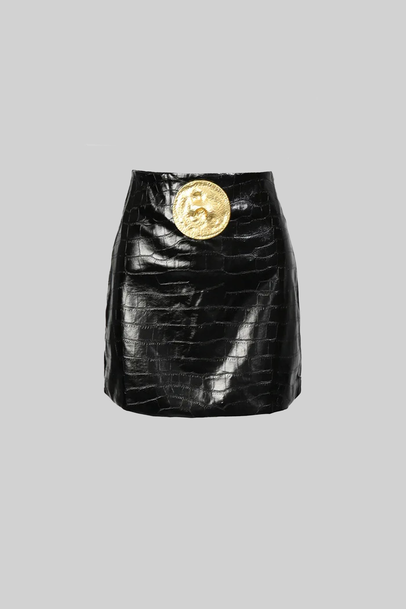 Minigonna Effetto Coccodrillo con Bottone Oro Statement - Nero