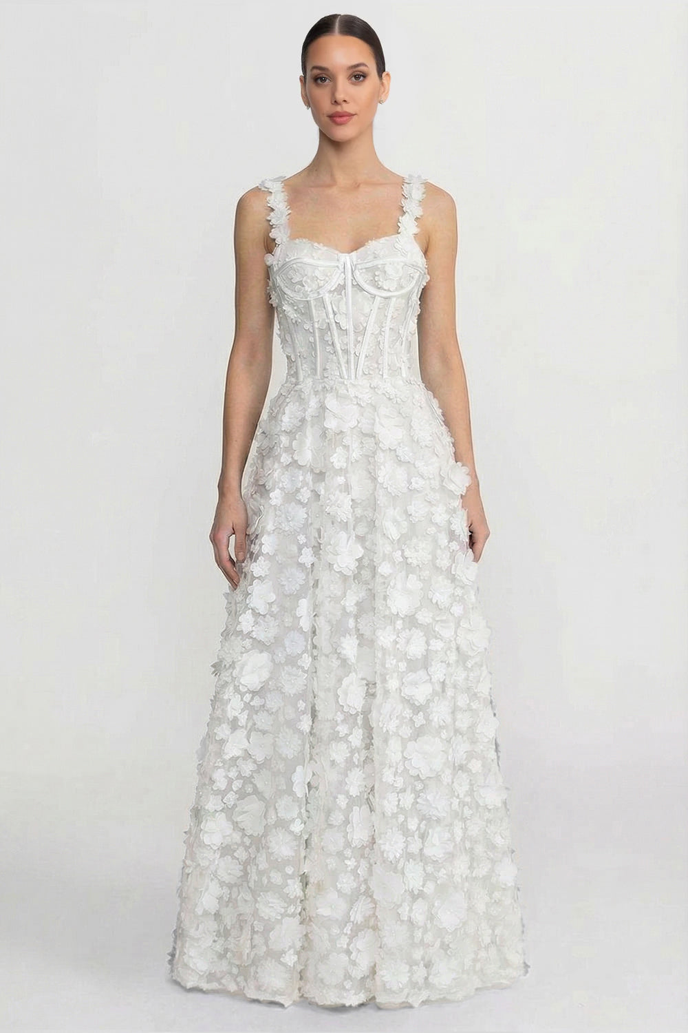 Abito Maxi con Applicazioni Floreali e Corpino Corsetto - Bianco