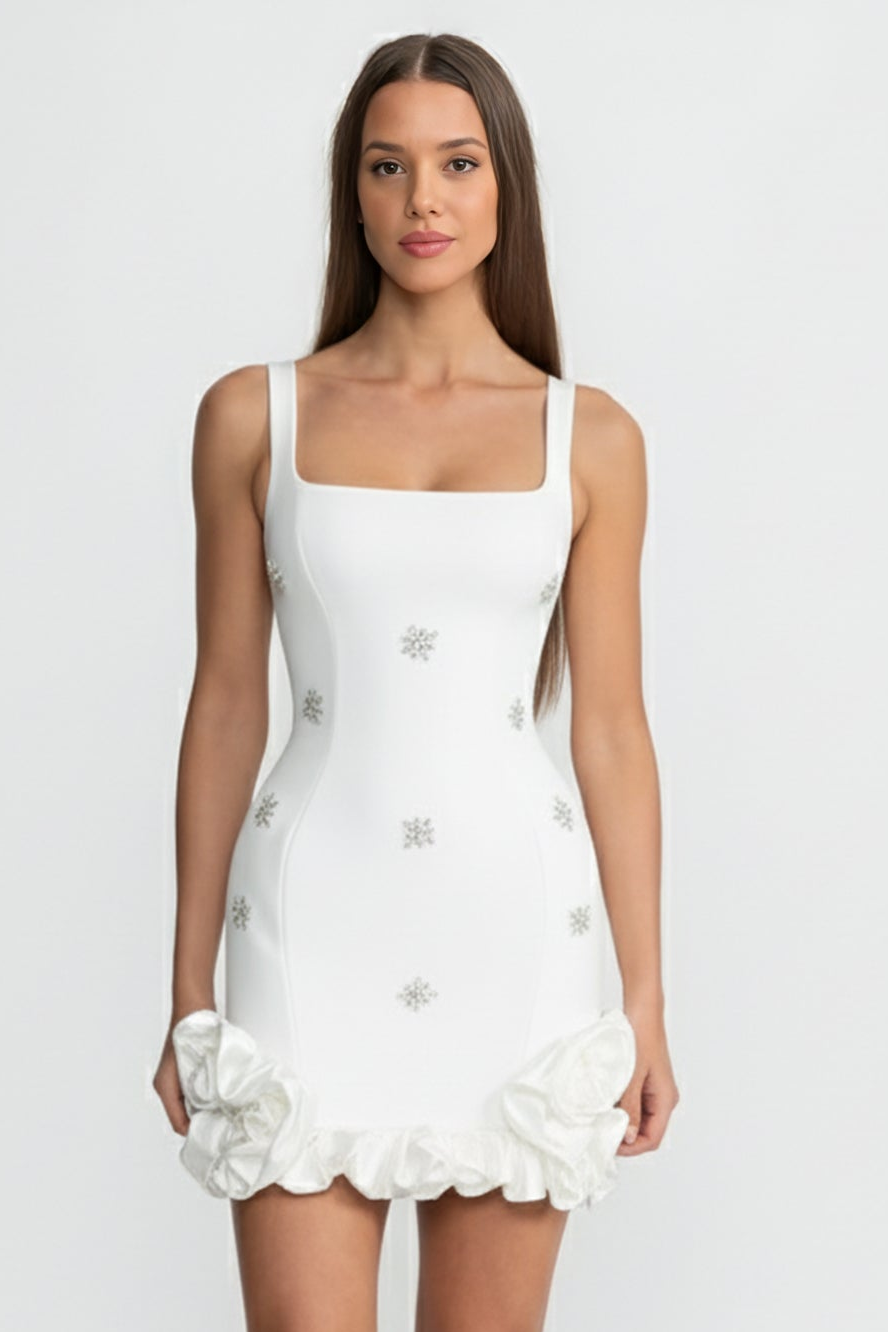 Vestito Mini Bodycon Decorato con Fiori di Cristallo – Bianco