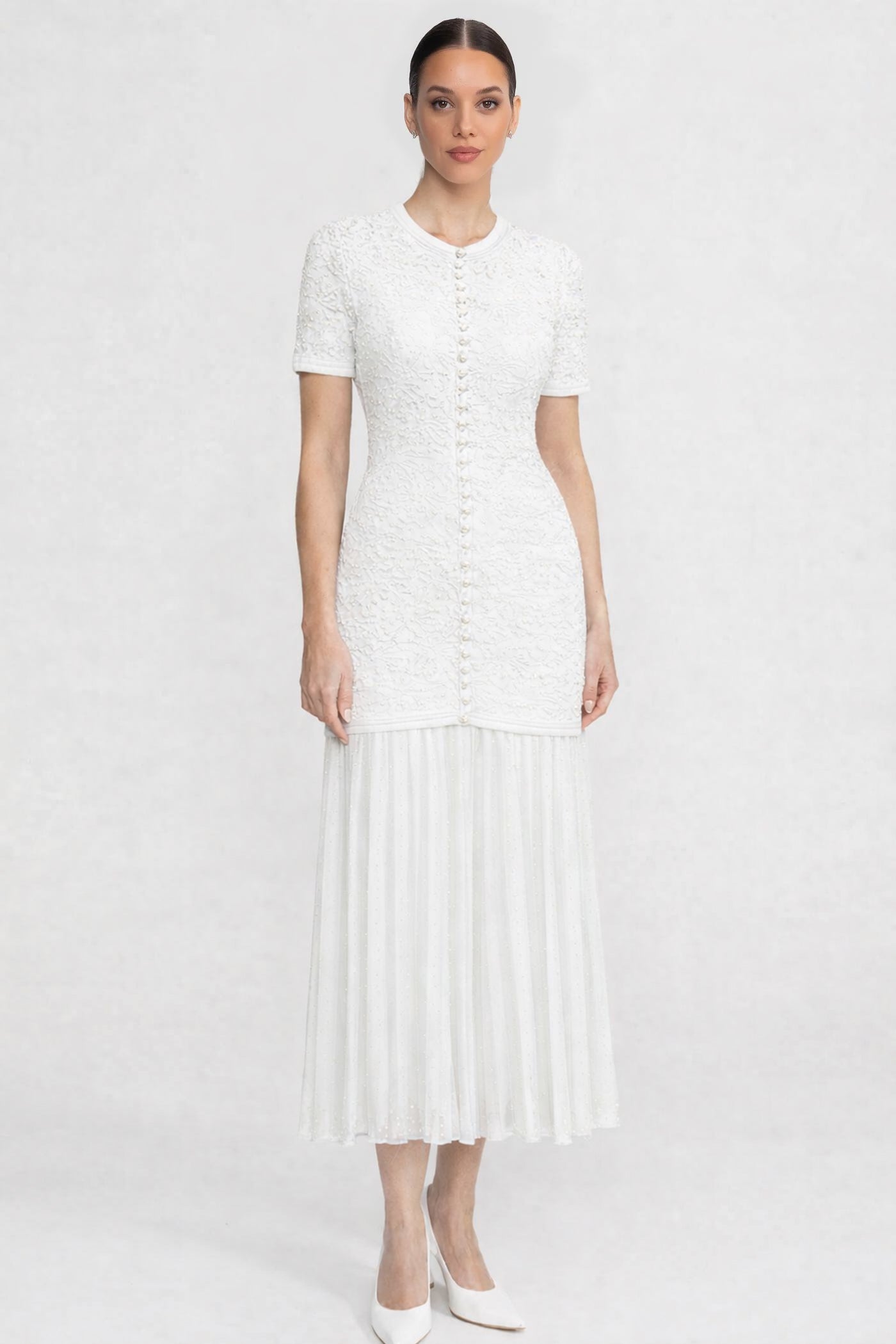 Short Sleeve Midi Dress With Pearl Embellishments - White
