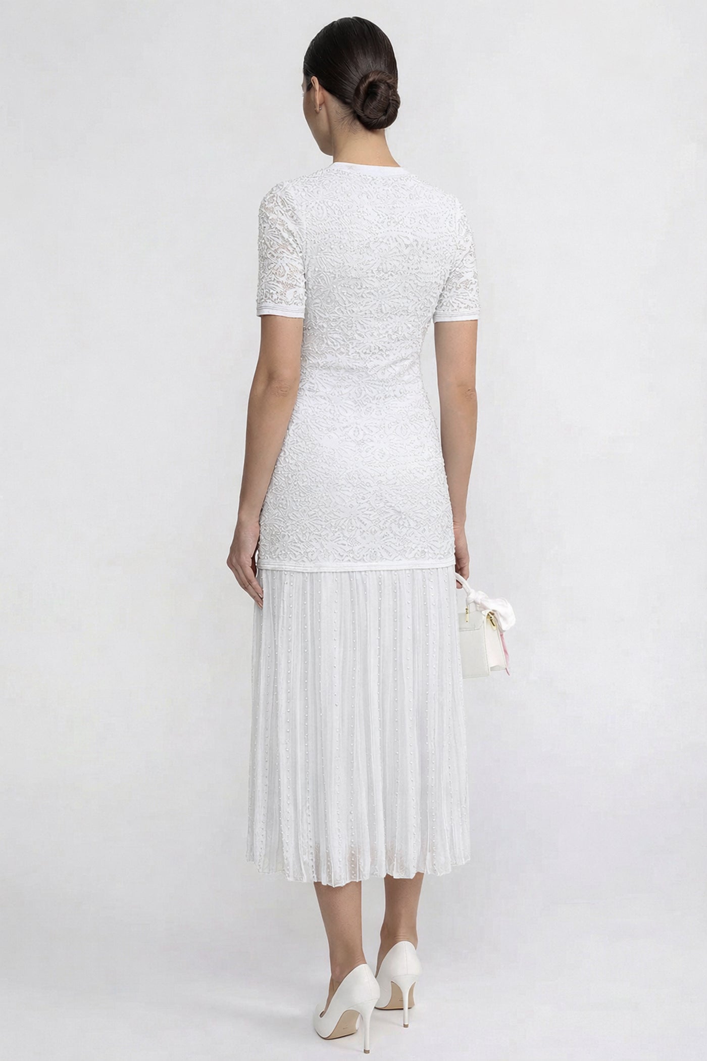 Short Sleeve Midi Dress With Pearl Embellishments - White