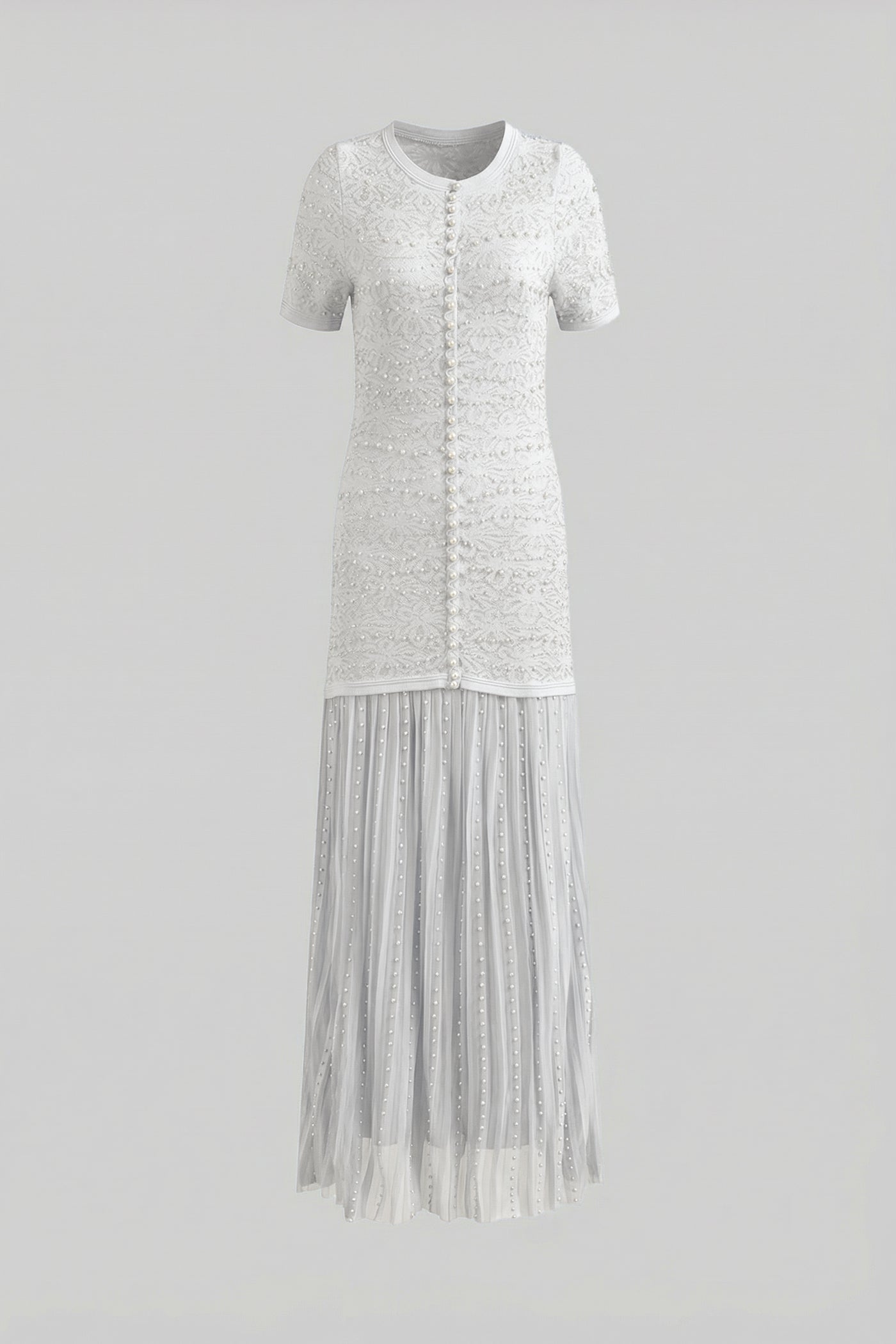 Short Sleeve Midi Dress With Pearl Embellishments - White