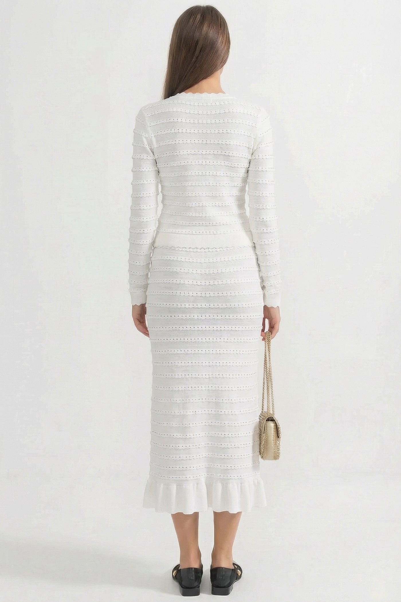 Completo in maglia coordinato con texture a righe pointelle e decorazioni scintillanti - Bianco