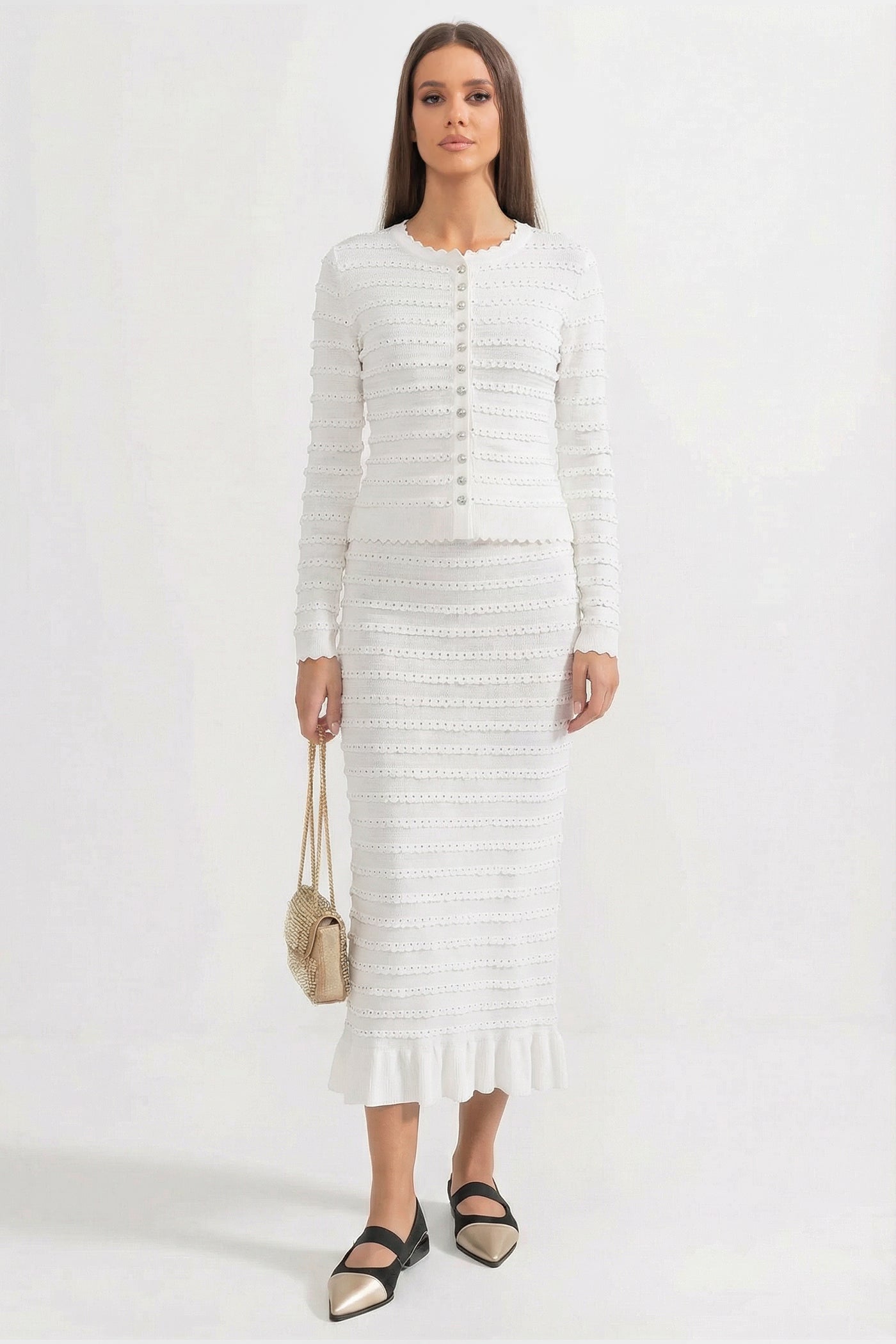 Completo in maglia coordinato con texture a righe pointelle e decorazioni scintillanti - Bianco