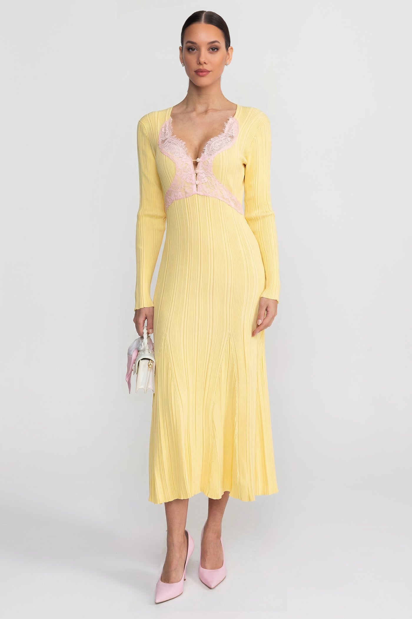 Ribbed Long Sleeve Midi Dress With Lace-Trim V-Neckline - Yellow