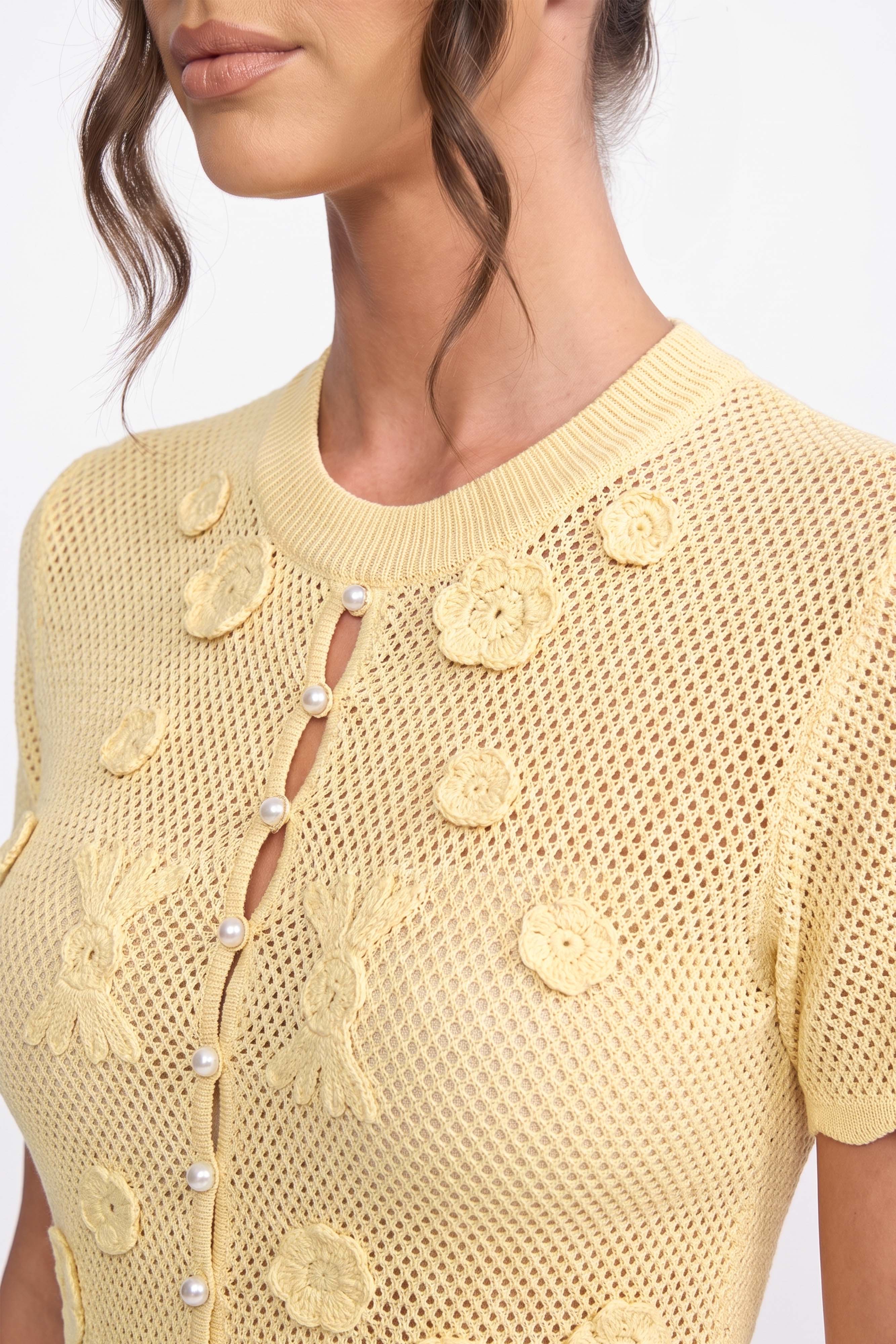 Abito Maxi Peplum in Crochet Floreale con Vita con Coulisse - Giallo