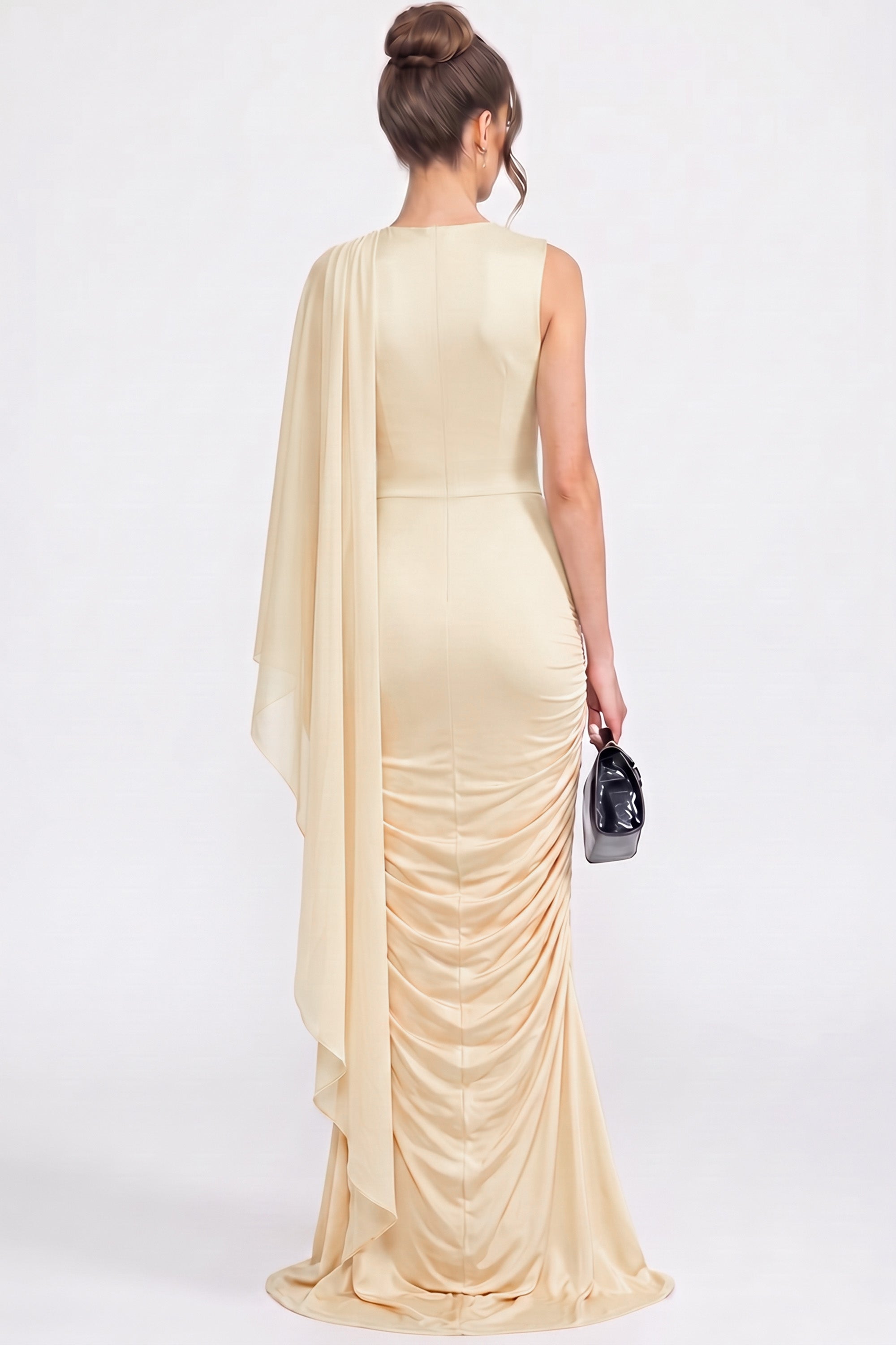 Abito maxi drappeggiato monospalla con dettaglio foulard trasparente - Giallo