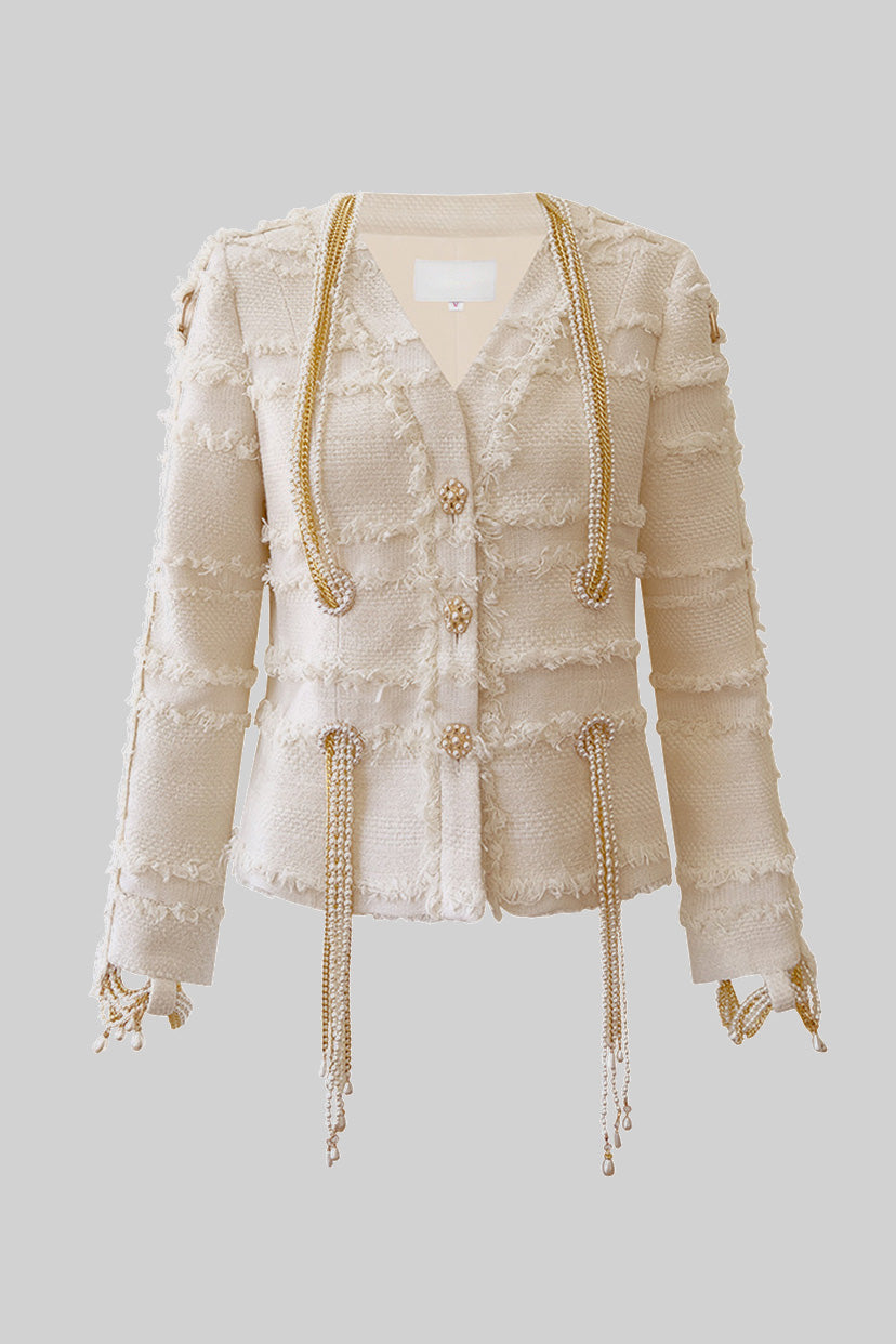 Pearl Chain Tweed Blazer - Beige