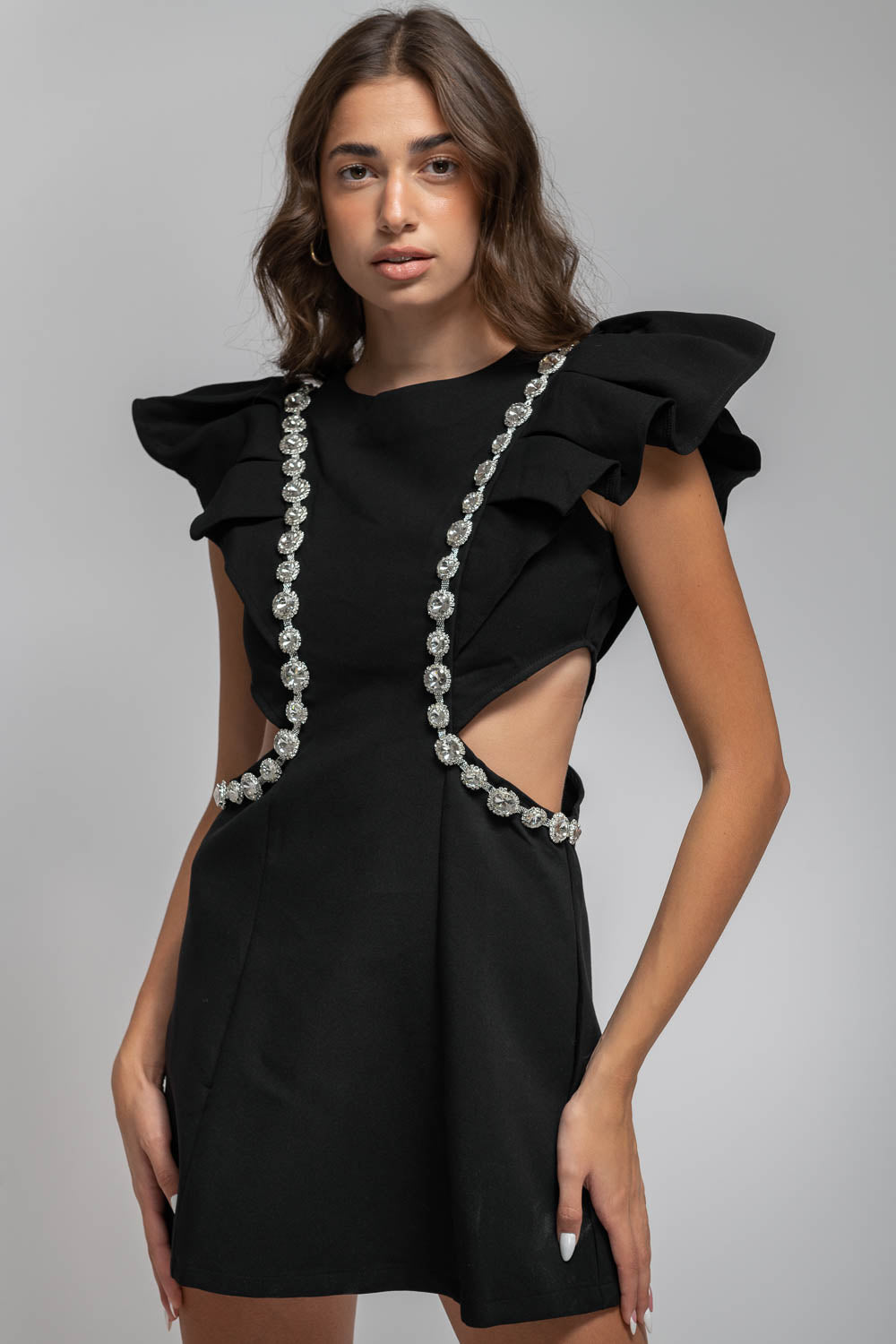 Abito Elegante con Dettagli in Diamante - Nero