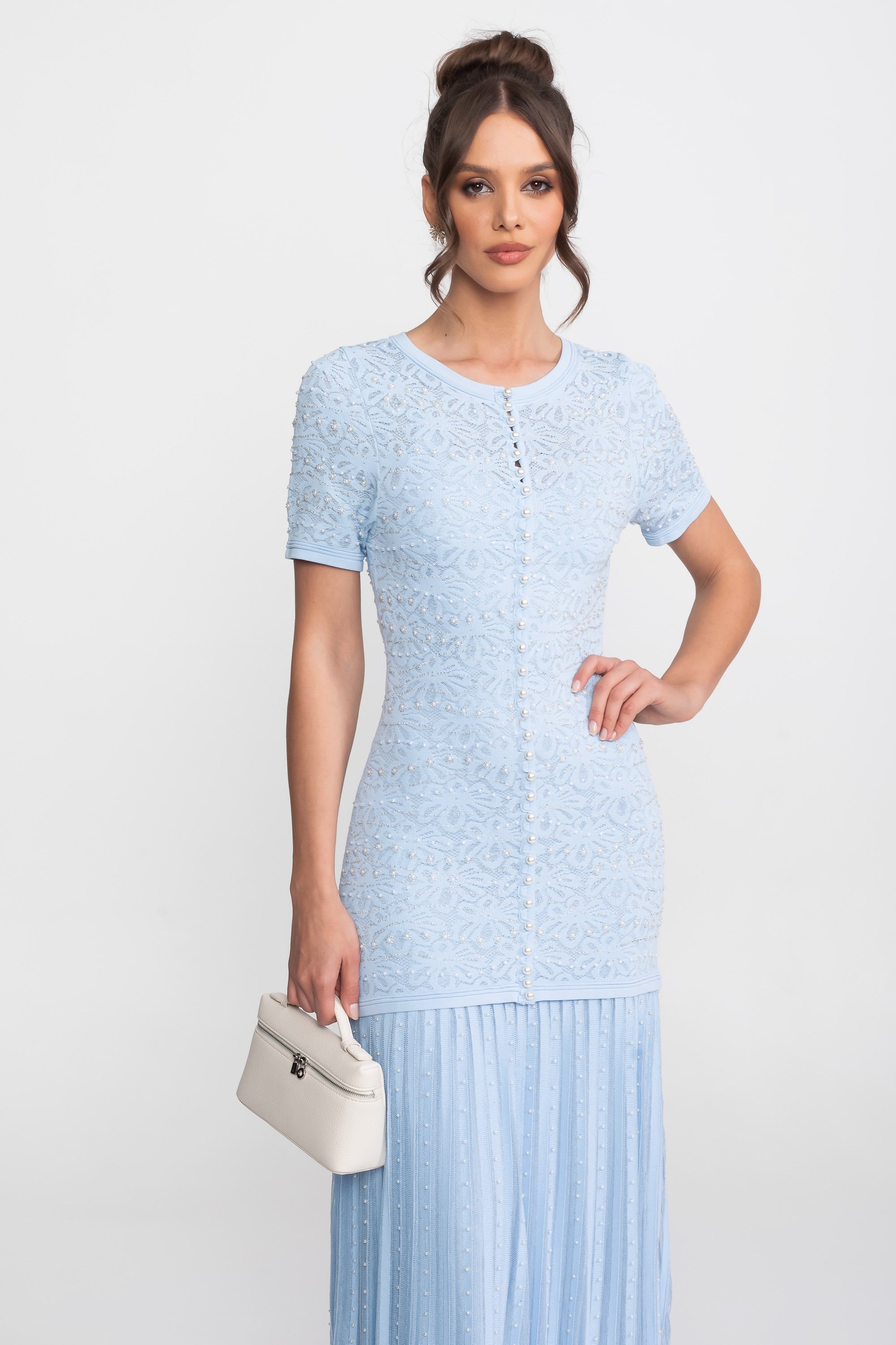 Abito Midi a Maniche Corte con Decorazioni in Perle - Powder Blue 