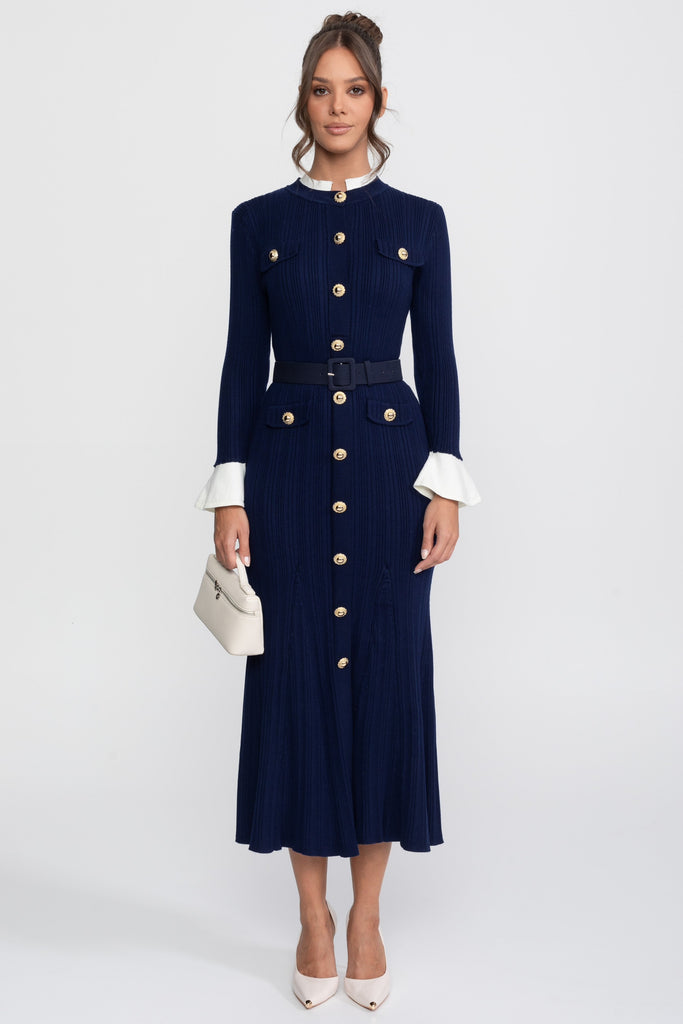 Ribbed Knit Belted Midi Dress With White Cuffs And Collar - Navy