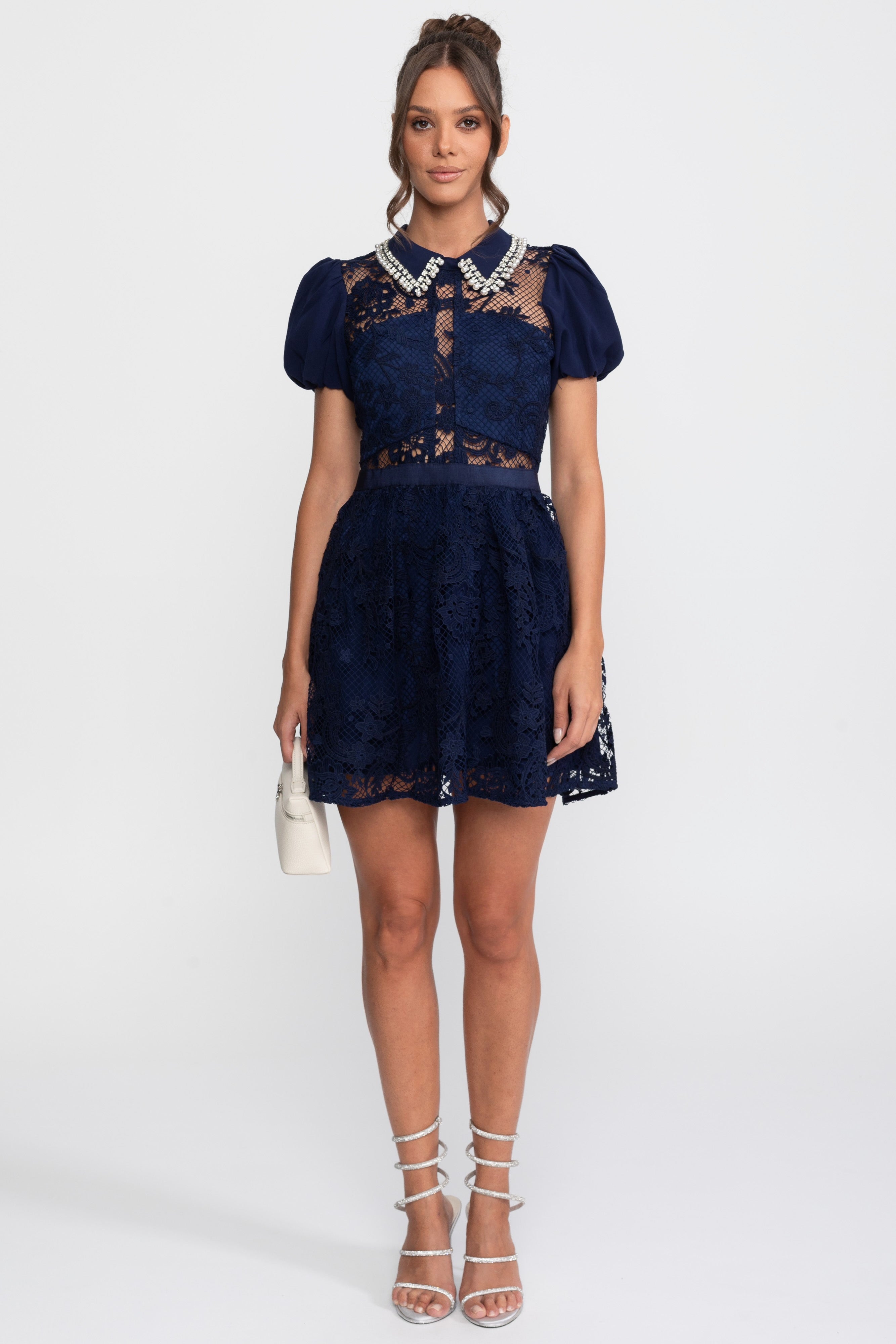Puff Sleeves Lace Mini Dress With Pearl Collar - Navy