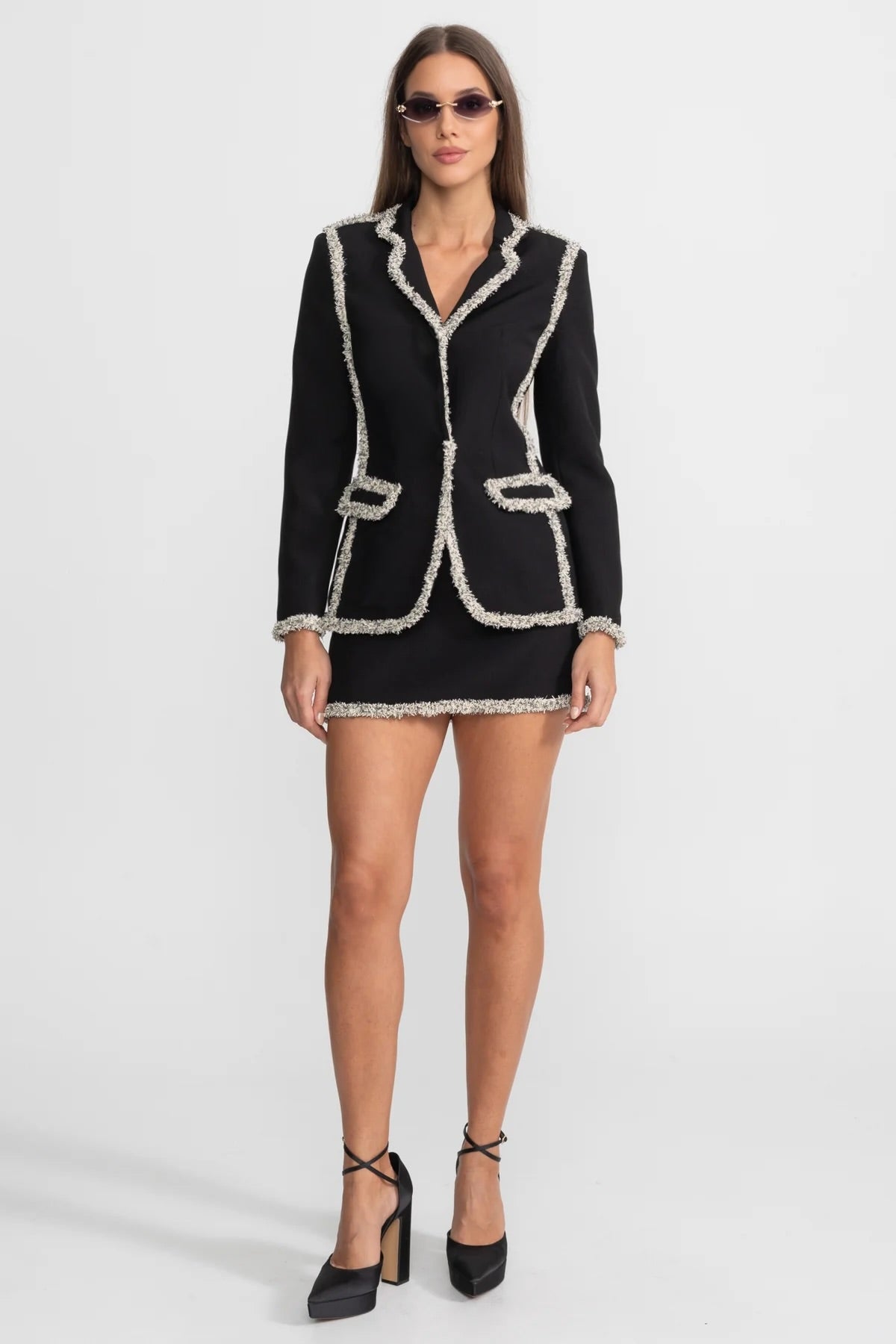 Tweed Set With Sparkling Trim Blazer And Matching Mini Skirt - Black