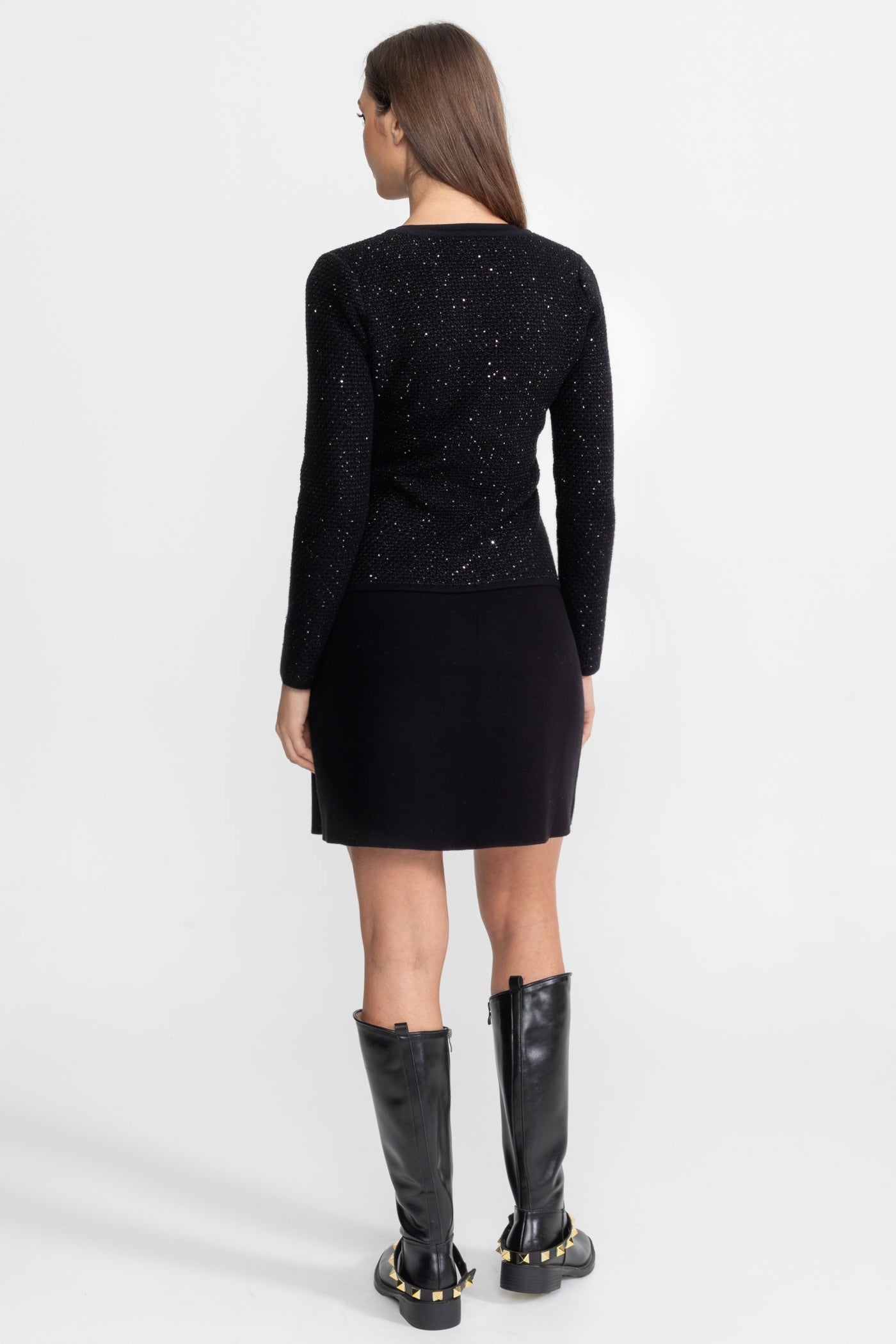 Completo coordinato in tweed impreziosito con fiocchi e minigonna – Nero 