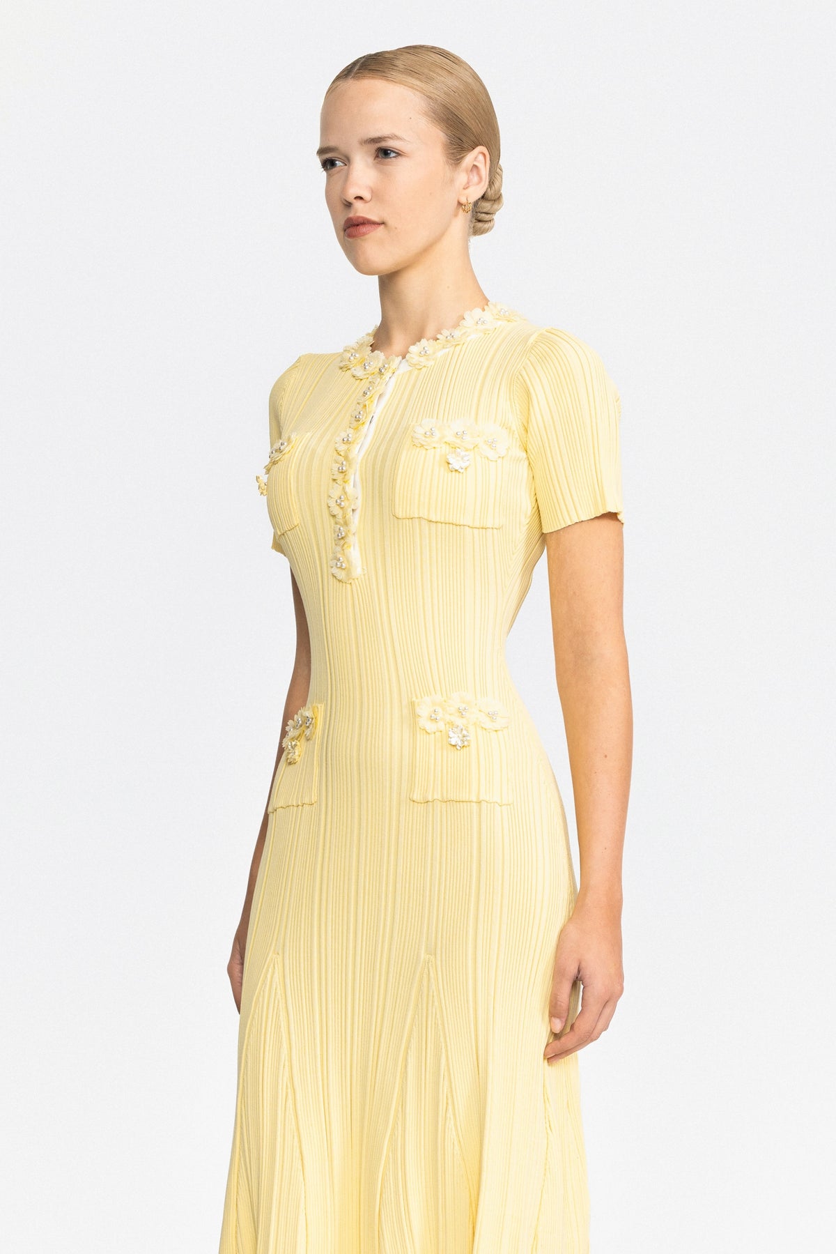 Cable Knit Jewel-Button Midi Dress - Yellow
