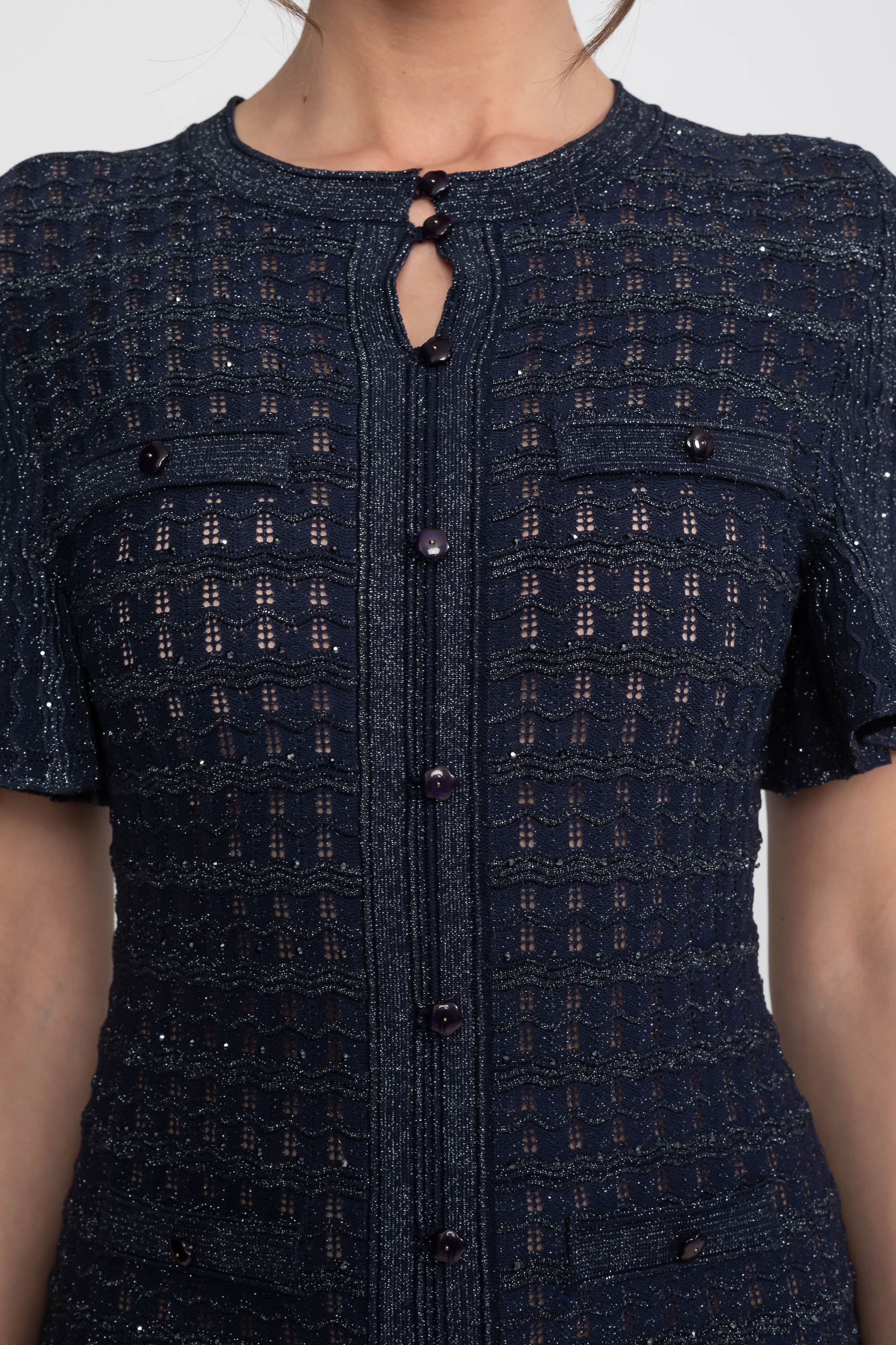 Abito midi a maniche corte con tessuto a maglia scintillante - Navy 