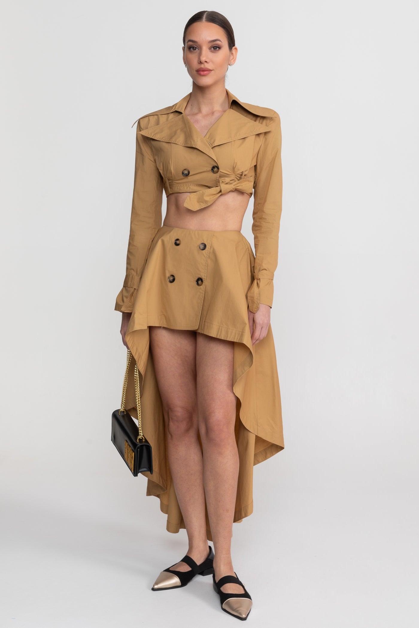 Completo Coordinato Trench Crop con Gonna Asimmetrica High-Low - Camel 