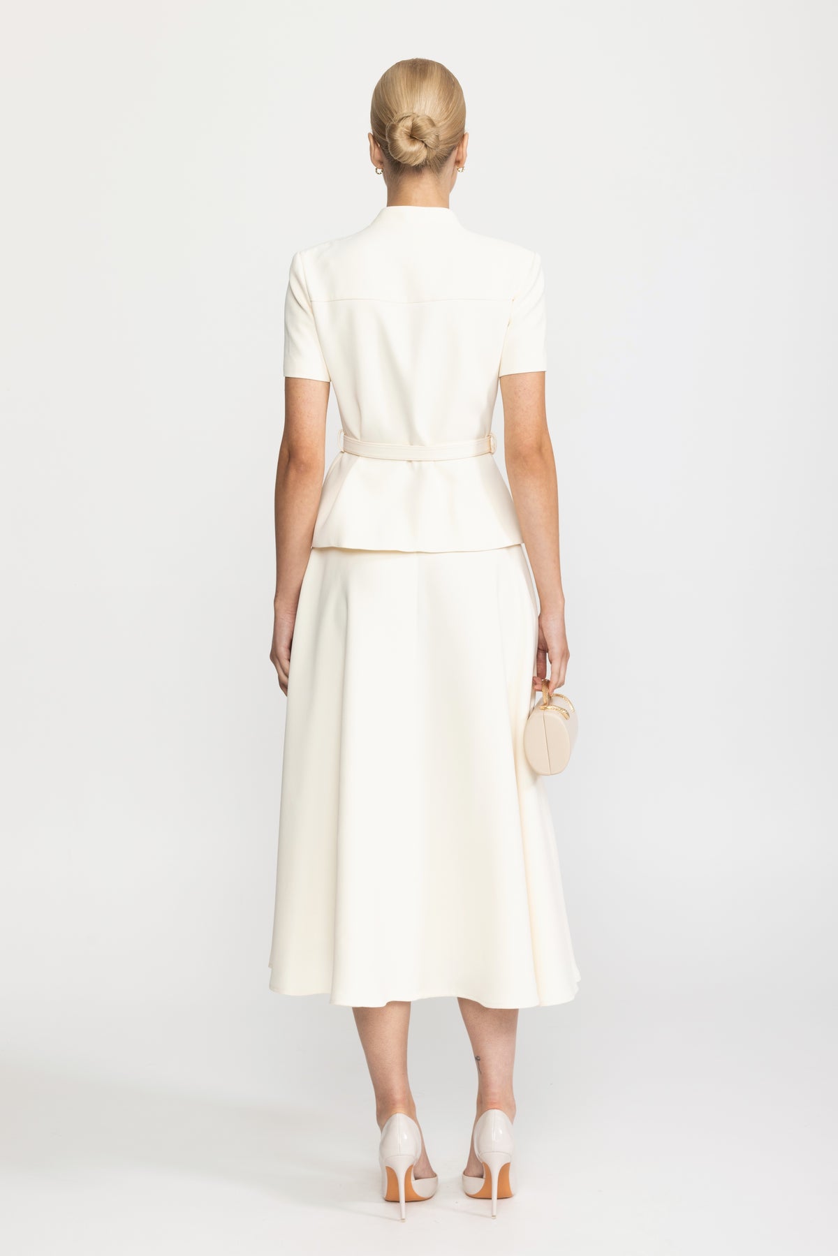 Belted Button Jacket and A-Line Midi Skirt Co-ord Set - Ivoire