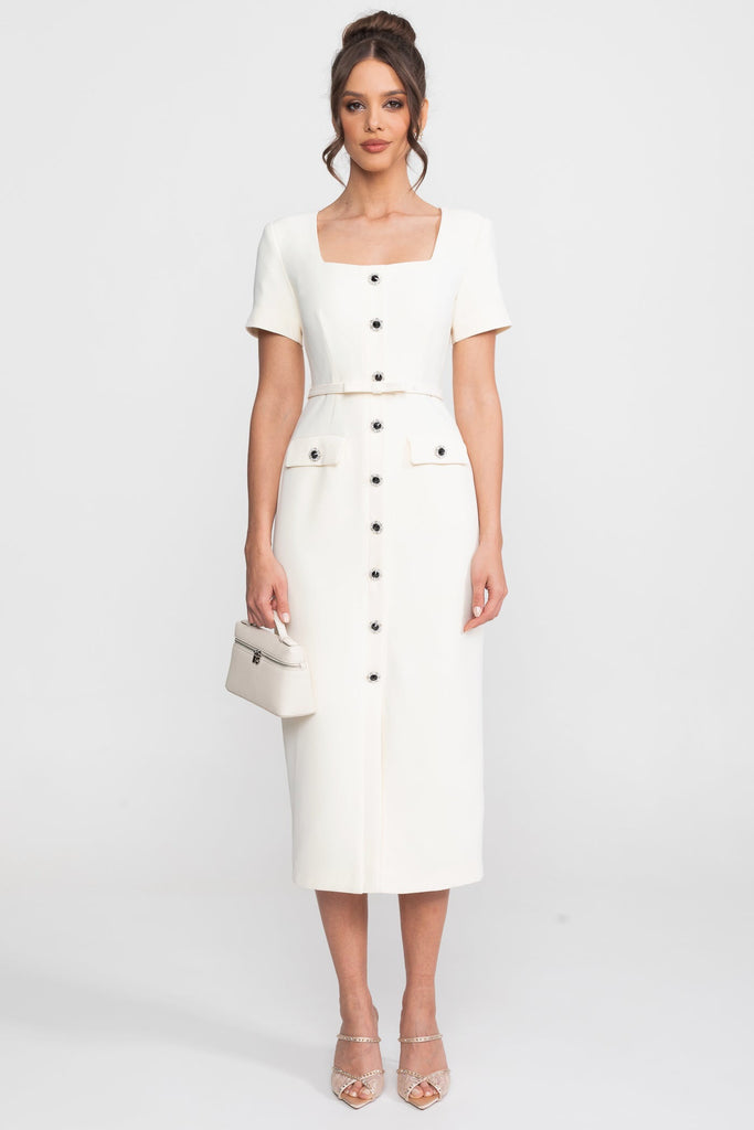 Abito Midi Con Scollo Quadrato E Chiusura Frontale Con Bottoni Gioiello - Bianco 