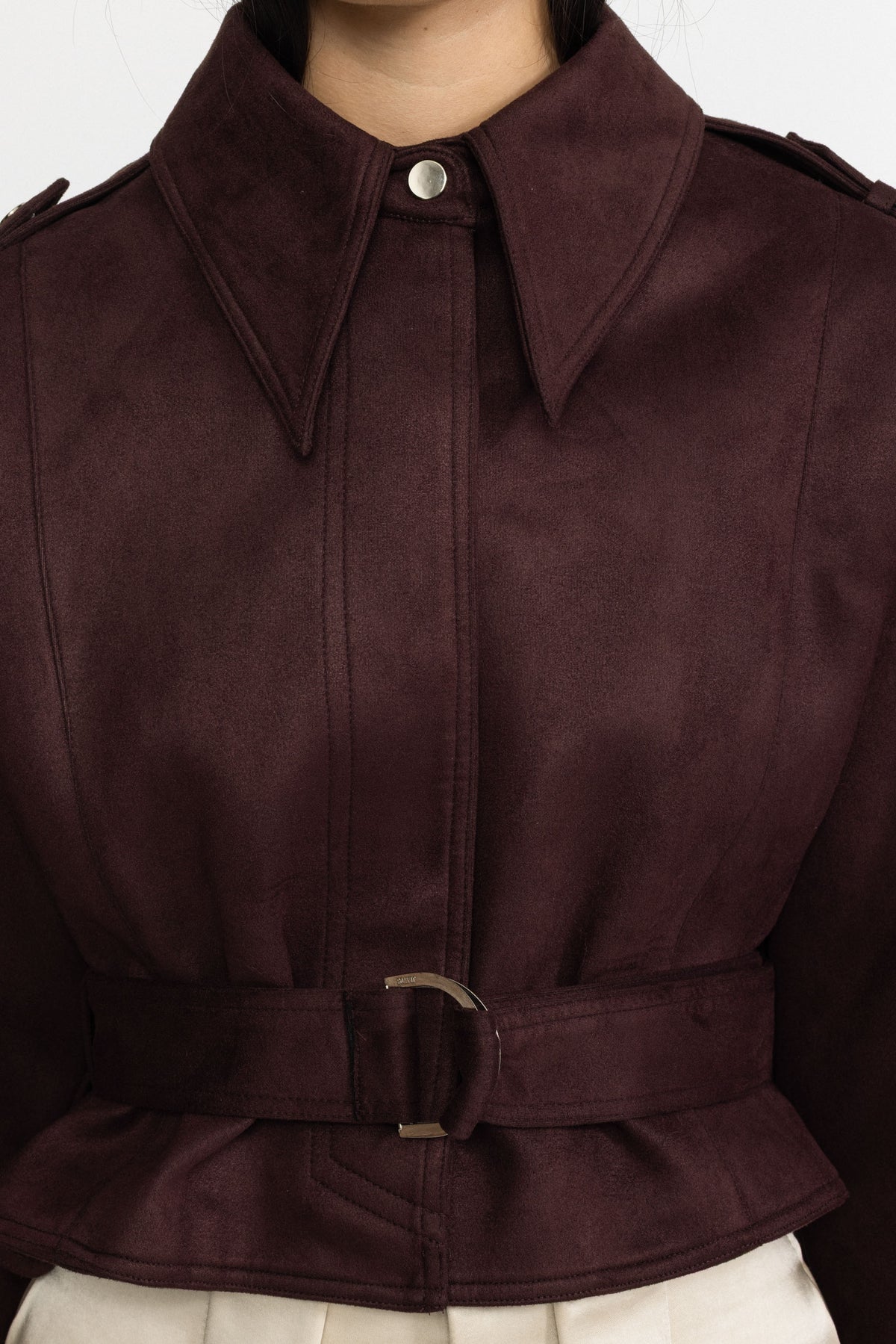 Suede Belted Cape Jacket - Burgundy